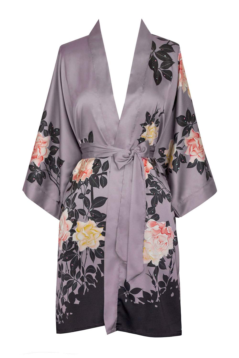KIM+ONO Women's Short Charmeuse Kimono Robe - Elegant Watercolor Floral Design | Perfect for Spa, Beach Cover-Up & Loungewear
