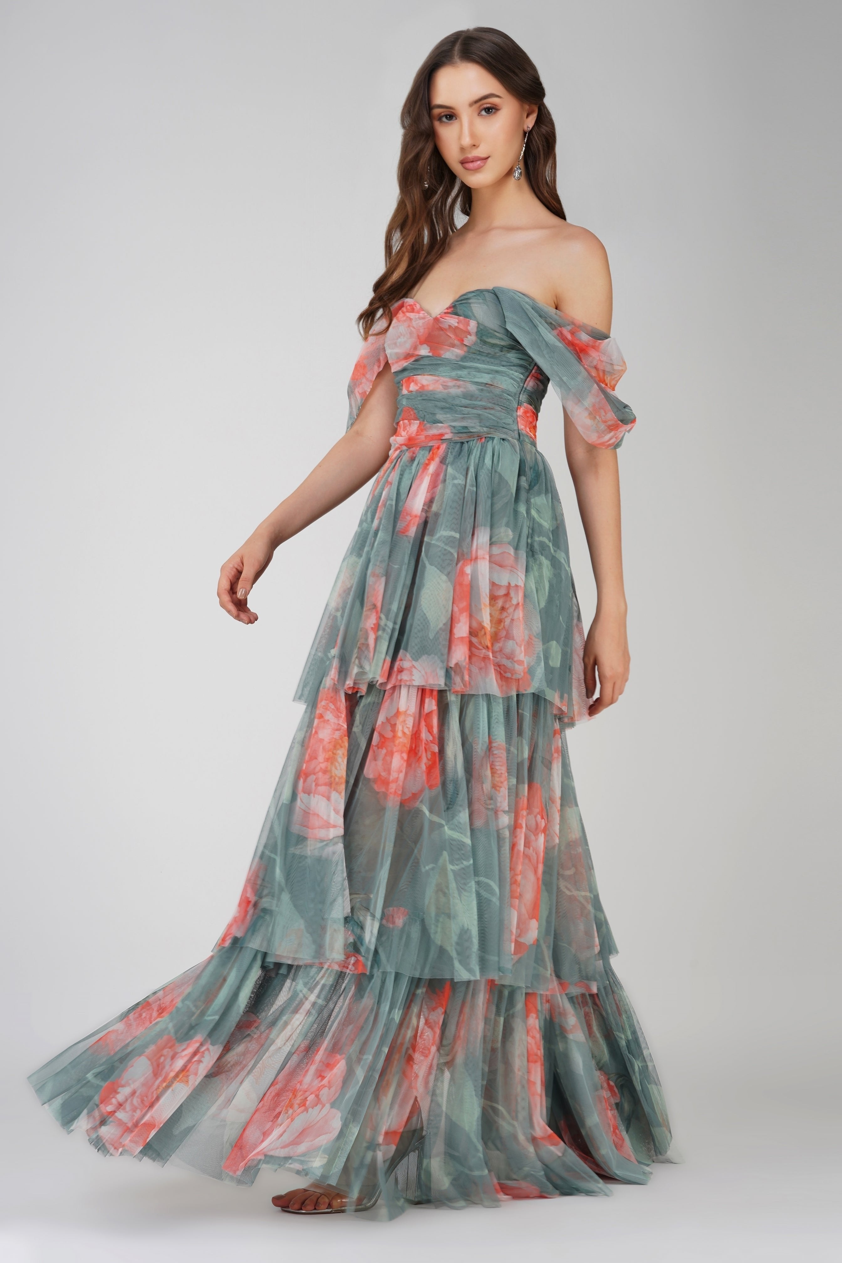 Elegant Sage Green Floral Tulle Maxi Dress for Women | Summer Wedding Guest Dress & Boho Beach Party Outfit
