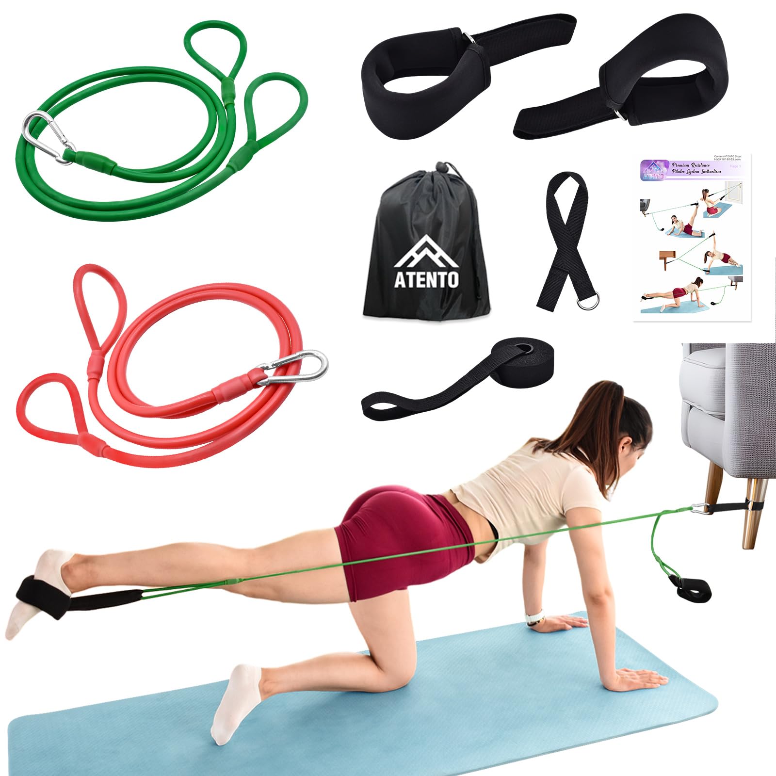 ATENTO Portable Pilates Reformer System for Home Gym - Lightweight Resistance Trainer with 2 Bands, Door Anchor & Exercise Straps | Perfect for Home Workouts, Physical Therapy & Fitness Training