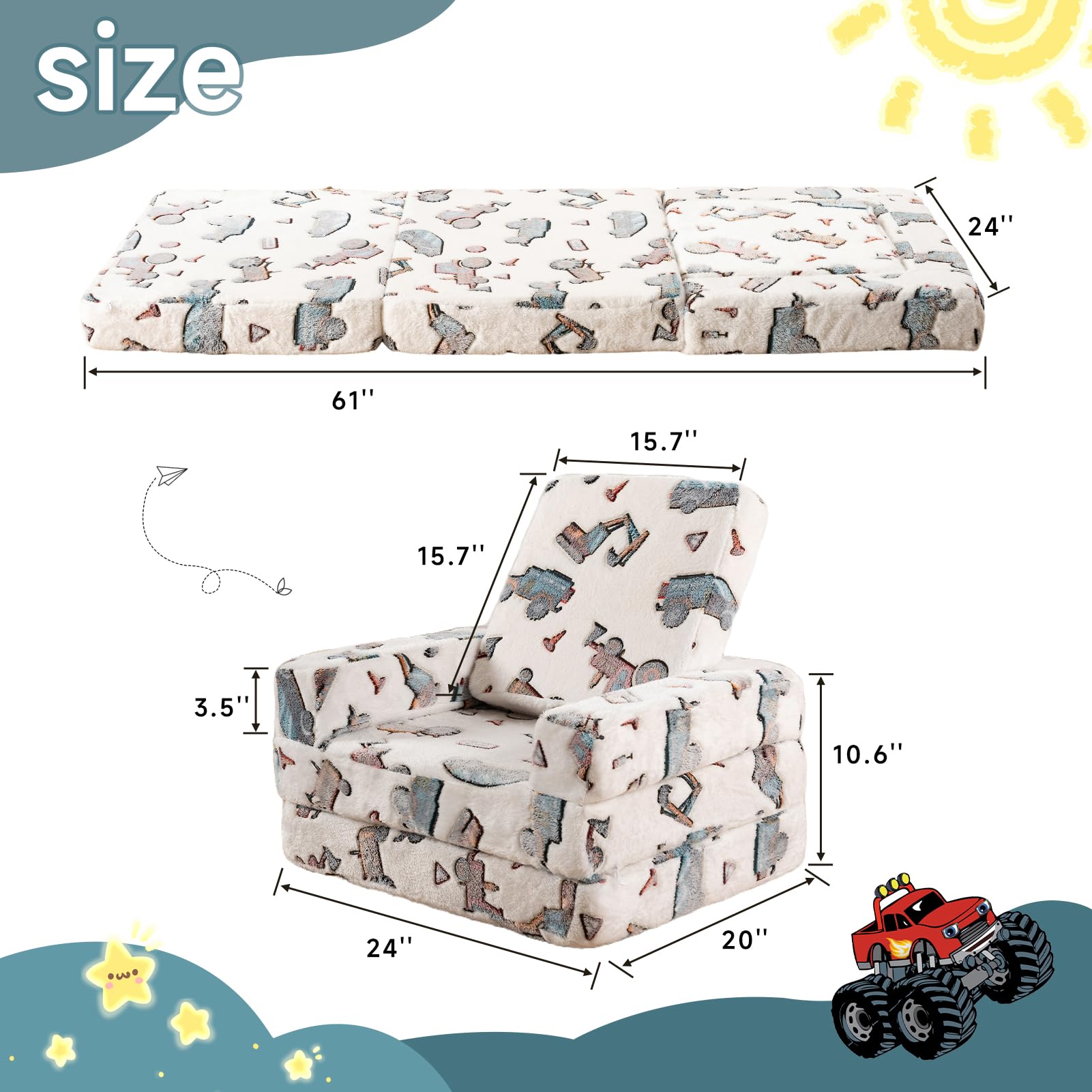 MAXYOYO 2-in-1 Toddler Couch & Kids Folding Sofa - Glow in The Dark Children's Furniture with White Car Design - Perfect Gift for Boys & Girls - Ideal for Playroom, Bedroom or Nursery Decor
