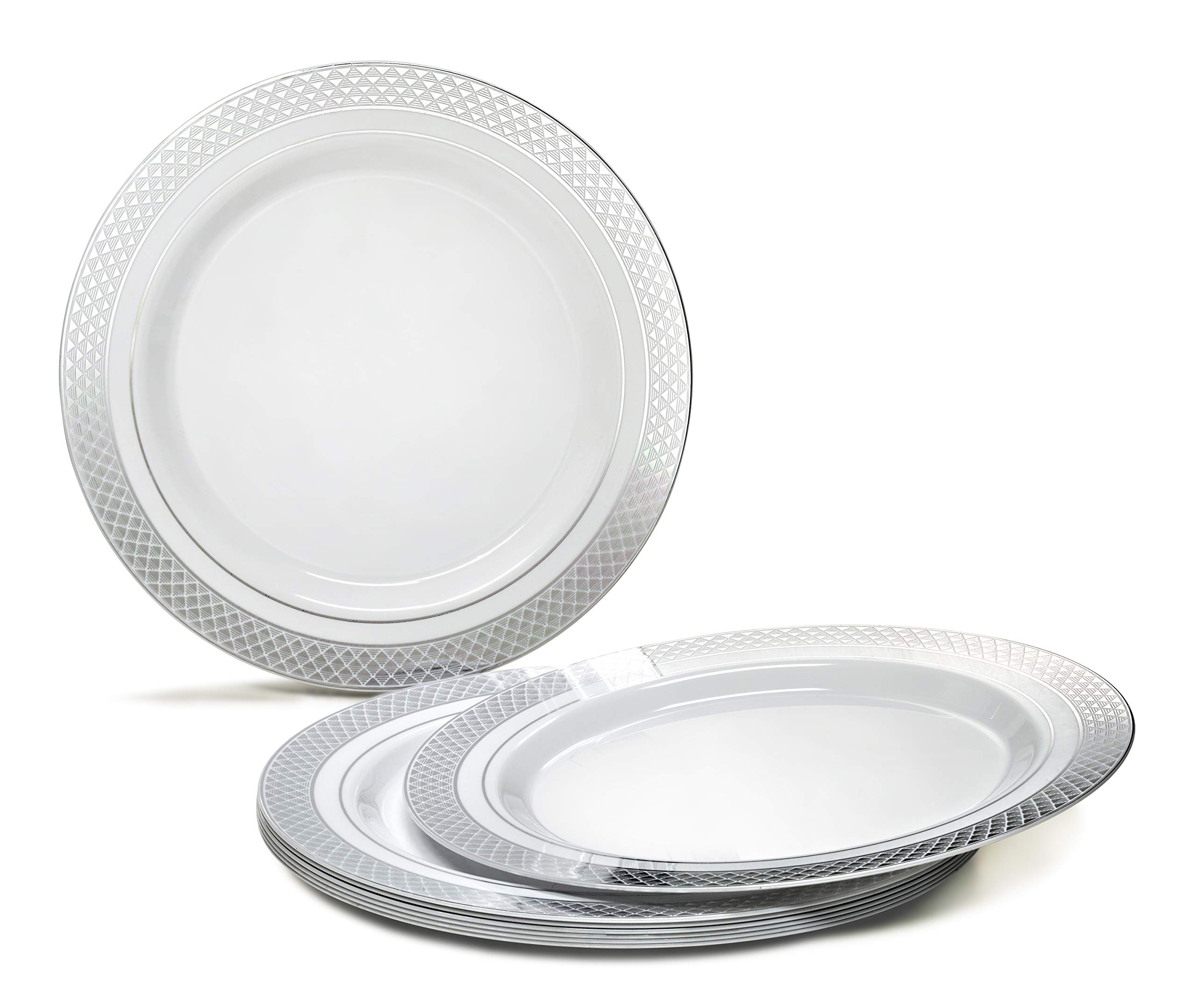 240-Pack Heavyweight Disposable Plastic Plates for Weddings & Parties - 10.5 Inch Elegant White & Silver Dinner Plates - Perfect for Celebrations, Banquets, and Special Events