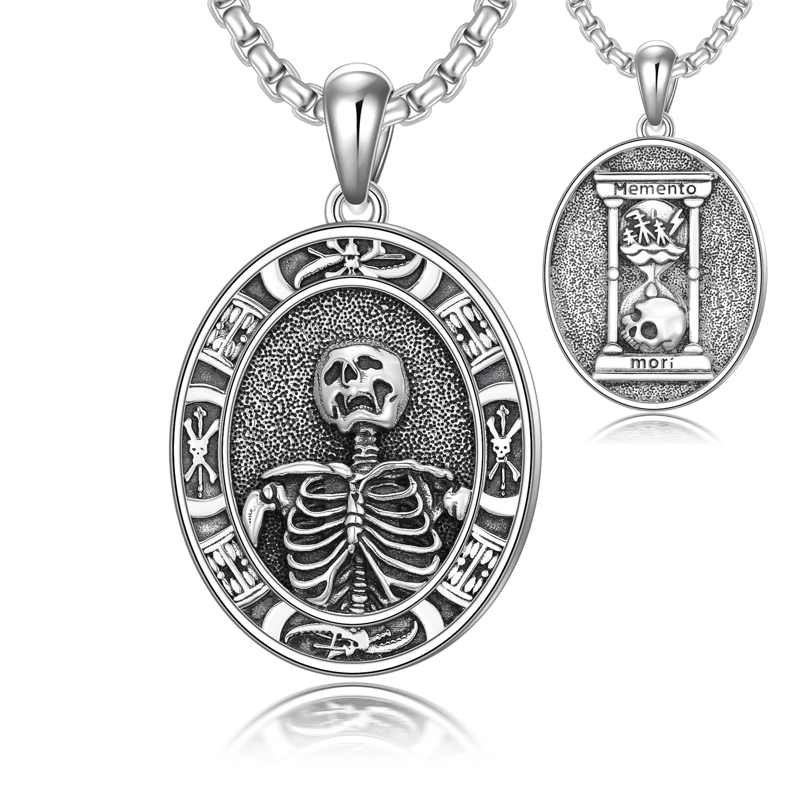 Stylish Sterling Silver Skeleton Pendant Hourglass Necklace - Gothic Skull Jewelry for Men & Women - Perfect for Halloween, Cosplay, and Alternative Fashion