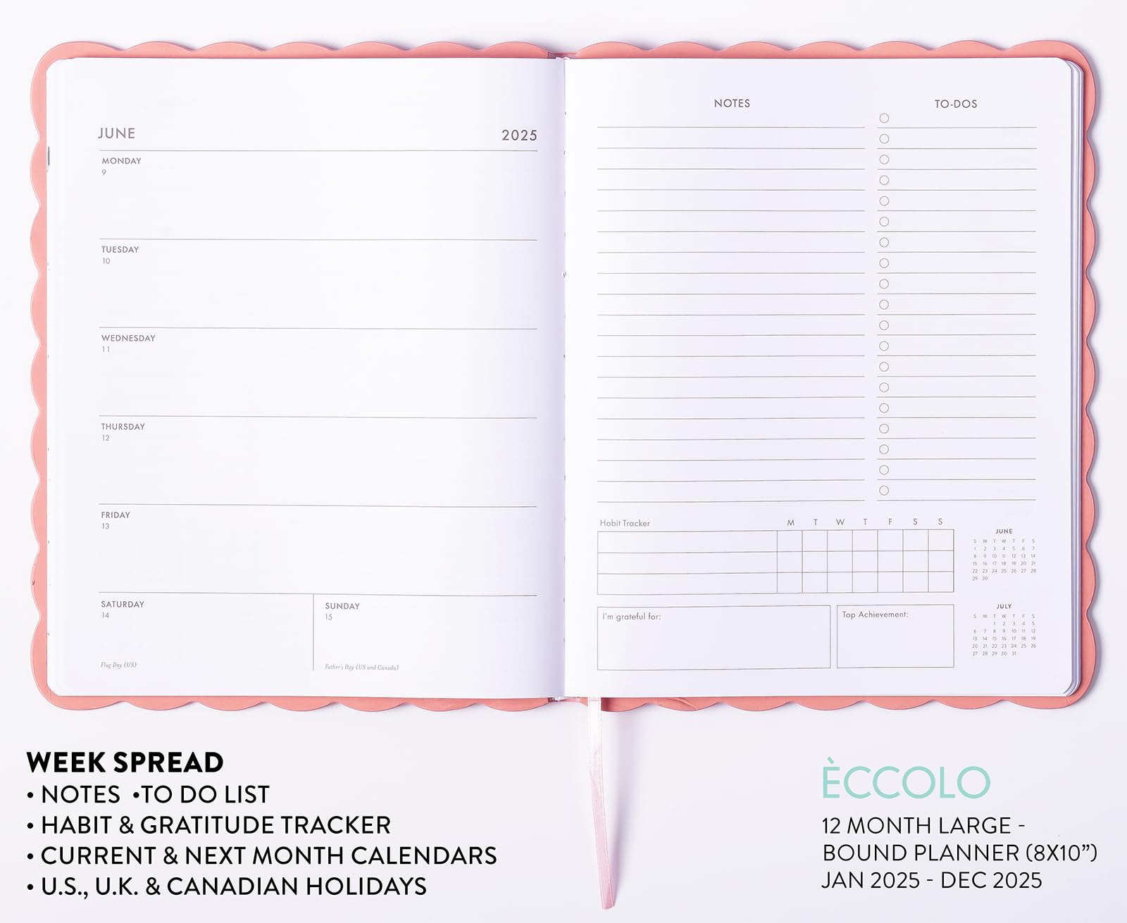 Eccolo 2025 Large Agenda Planner - 12 Month Weekly & Monthly Calendar with Habit & Gratitude Tracker - Hardcover 8x10