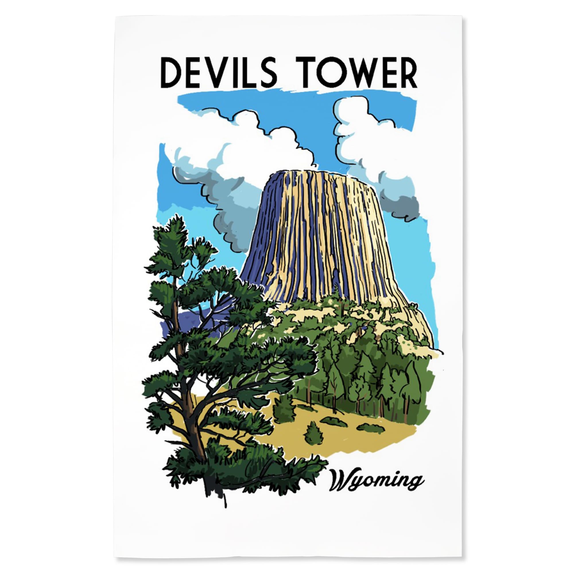 16x24 Inch Giclee Art Print - Devils Tower Wyoming Landscape Line Drawing Wall Art for Living Room, Office & Home Decor