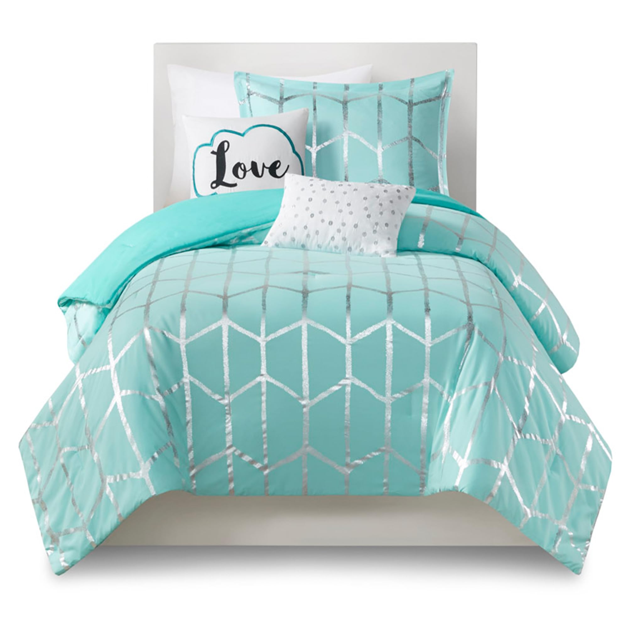**Raina Twin/Twin XL Comforter Set - Soft Microfiber Geometric Bedding, Modern Metallic Design, 4-Piece College Dorm Set with 1 Sham & 2 Toss Pillows (Aqua) - Perfect for Teens, Kids Rooms & Dorm Decor**