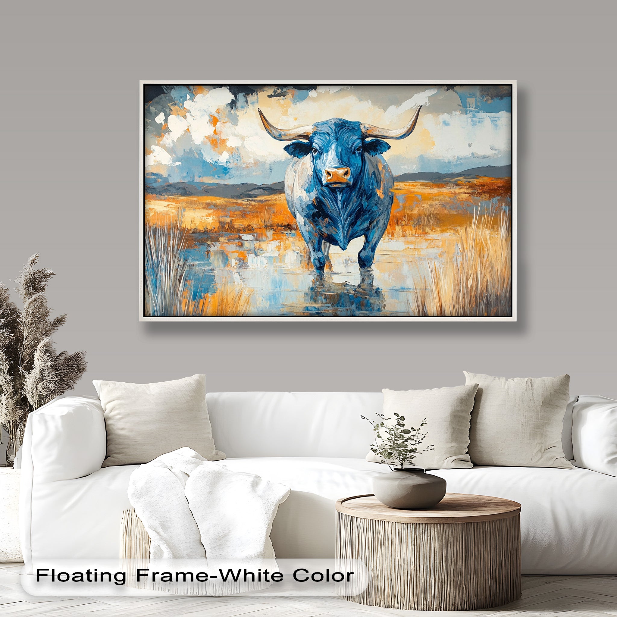 Blue Desert Bull - Hand Painted Animal Oil Canvas Artwork | Western Wildlife Decor for Living Room, Bedroom & Office