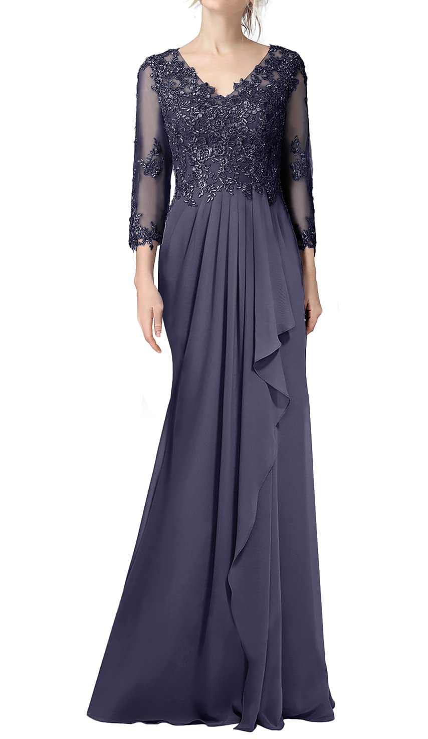 Elegant Long Sleeve Lace Mother of The Bride Dress - V-Neck Ruched Formal Evening Gown for Wedding Guest, Special Occasions & Black Tie Events