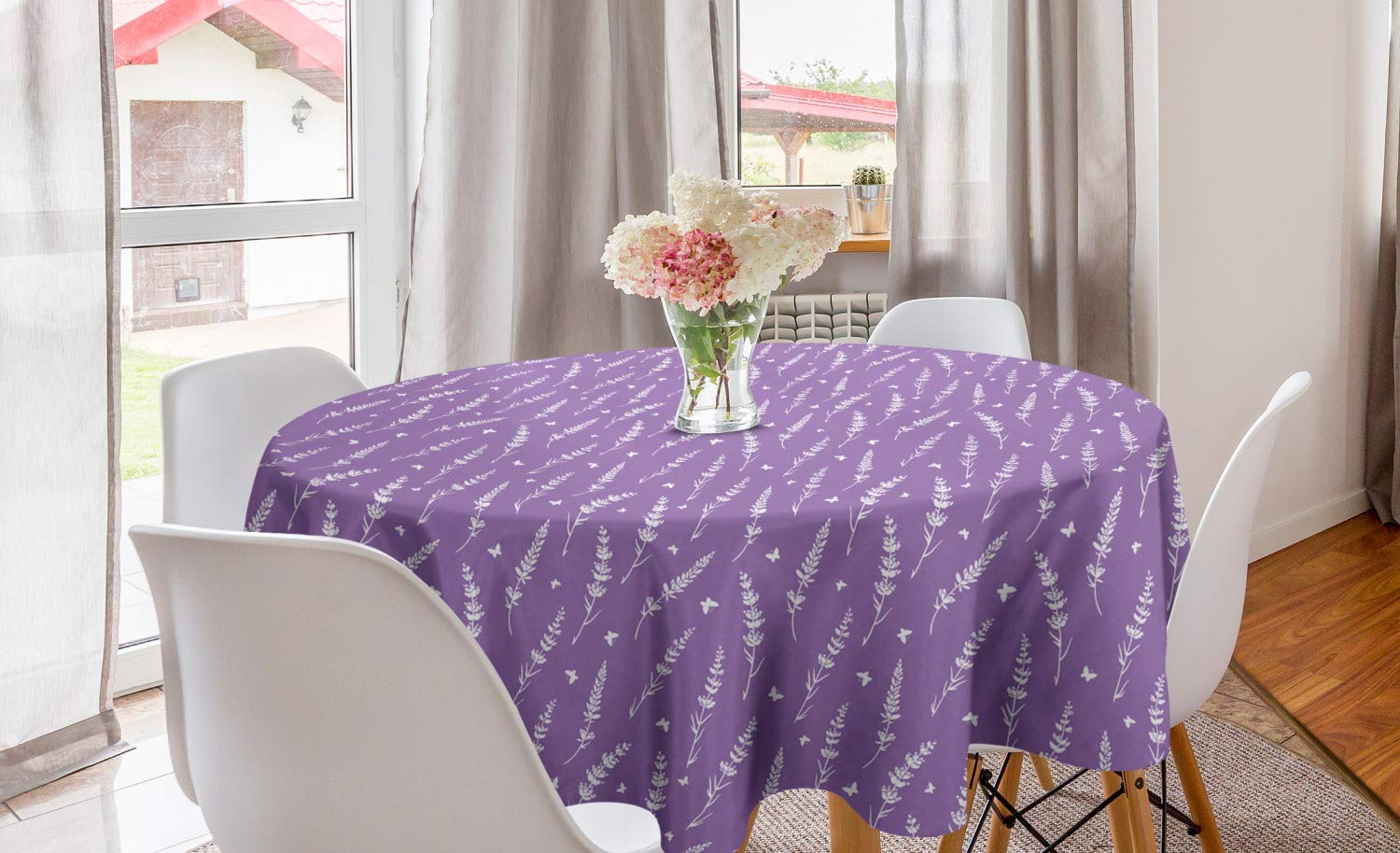 Ambesonne Floral Round Tablecloth 60 Inch - Romantic Lavender Butterfly Pattern with Aromatic Herbs & Wildflowers Design, Circular Table Cover for Dining Room, Kitchen Decor (Violet & White) - Perfect for Spring Parties, Outdoor Picnics & Farmhouse Style Home Decor