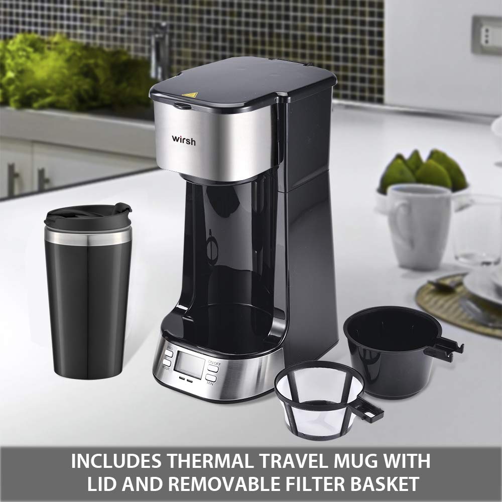 Wirsh Single Serve Coffee Maker - Programmable Timer, LCD Display, 14 oz Travel Mug & Reusable Filter - Compact Non-Pod Coffee Machine for Home, Office, Dorm & Travel - Black