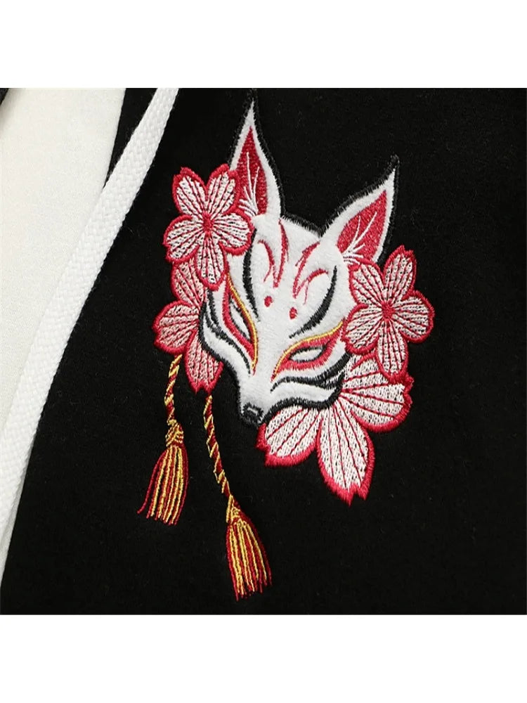 Black Harajuku Fox Embroidery Women's Hoodie - Winter Casual Pullover Sweatshirt with Flare Sleeves, Korean Style Tracksuit Top for Streetwear & Loungewear
