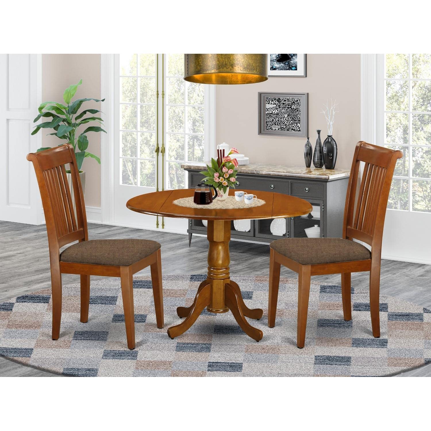 East West Furniture DLPO3-SBR-C 3-Piece Round Kitchen Table Set with Drop Leaf & 2 Upholstered Dining Chairs, 42x42 Inch, Saddle Brown - Perfect for Small Spaces, Breakfast Nooks & Cozy Dining Areas