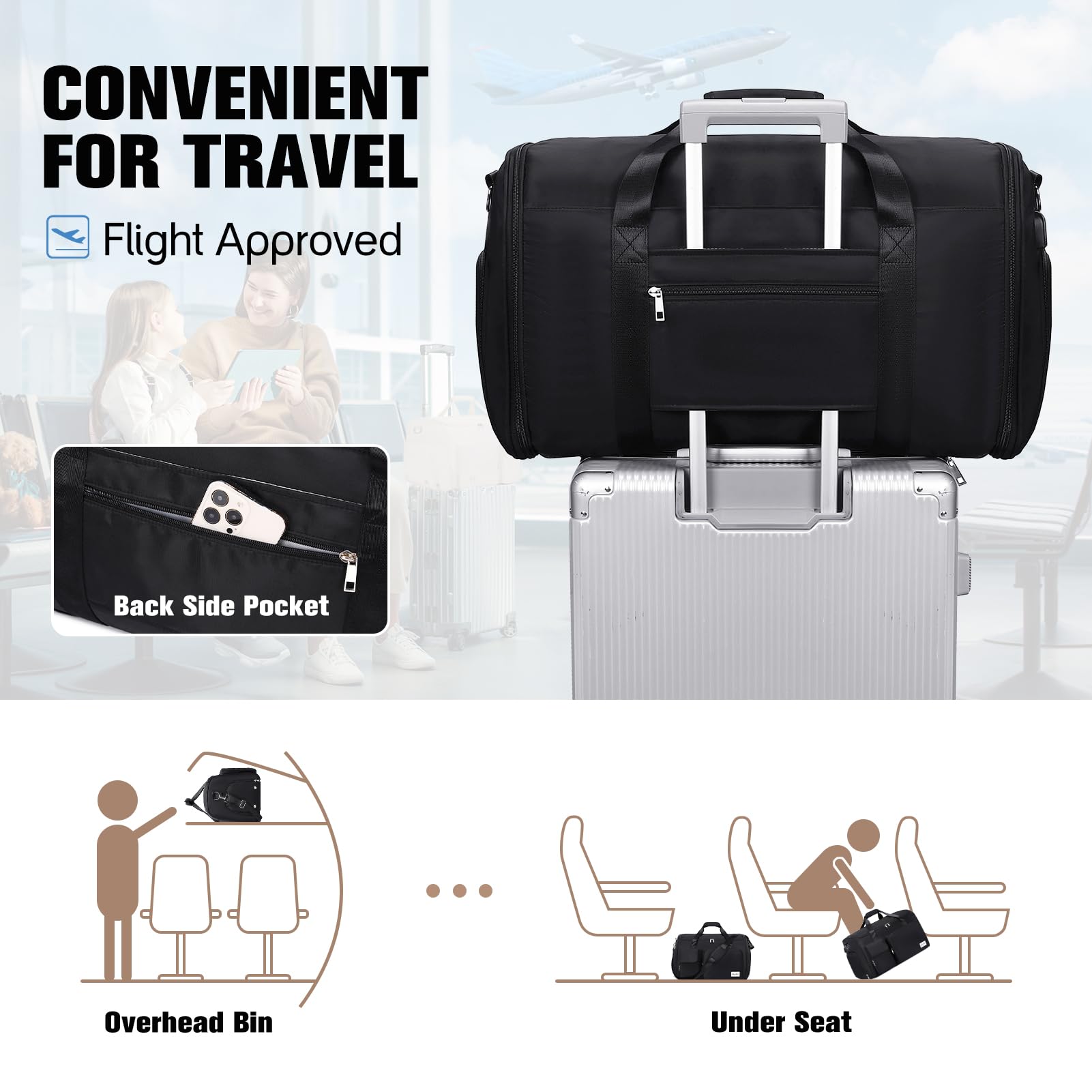 2-in-1 Convertible Travel Garment Bag with Shoe Compartment & Toiletry Bag - Foldable Carry On Duffle Backpack for Suits & Dresses - Hanging Clothes Organizer for Men & Women (Black) | Perfect for Business Trips, Weddings & Vacation Packing