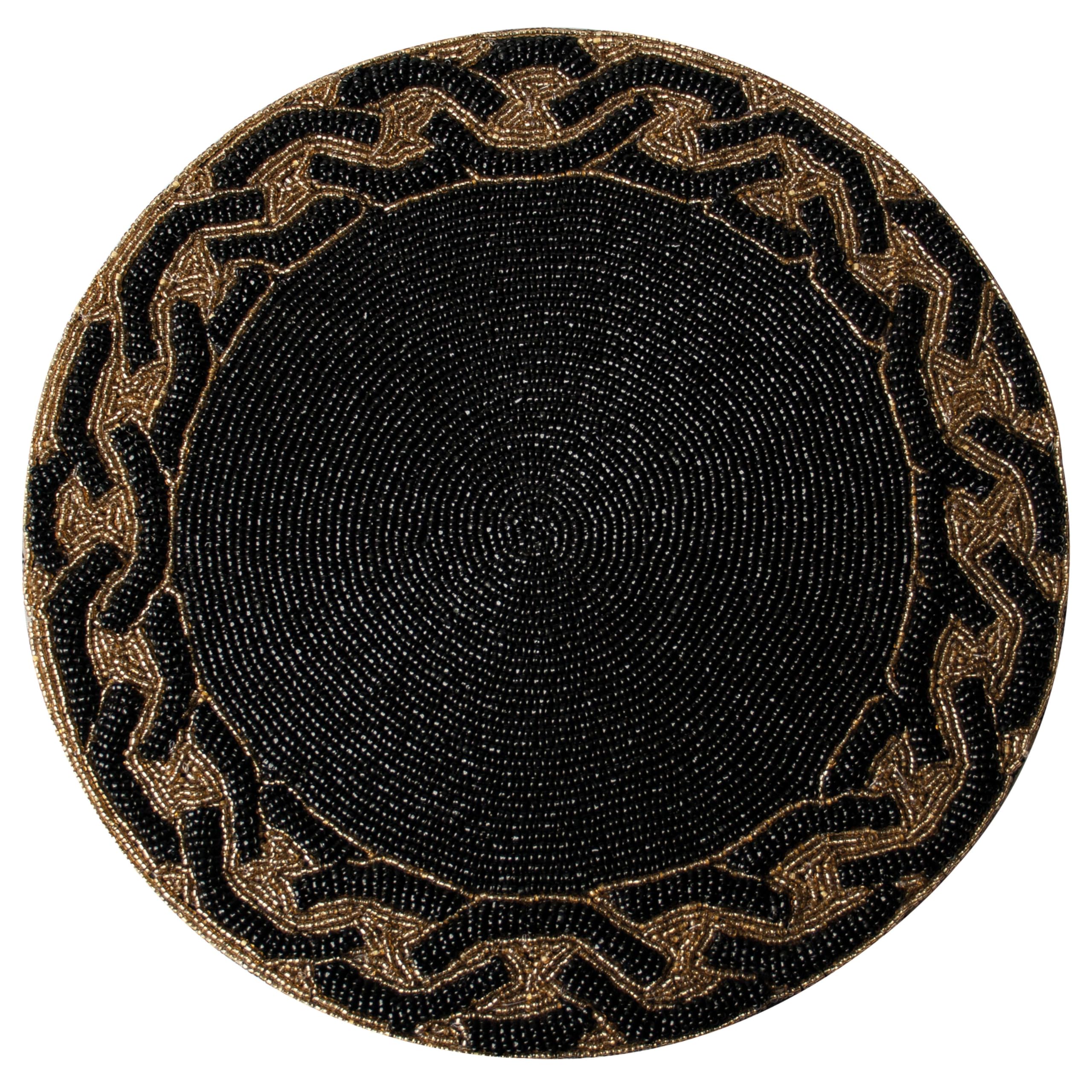 Decozen 14-Inch Round Beaded Placemats Set of 2 - Heat Resistant Charger Plates for Dining Table Decor, Valentine's Day, Weddings, Kitchen & Office - Black Gold Home Decor for Elegant Dinner Parties & Holiday Gatherings