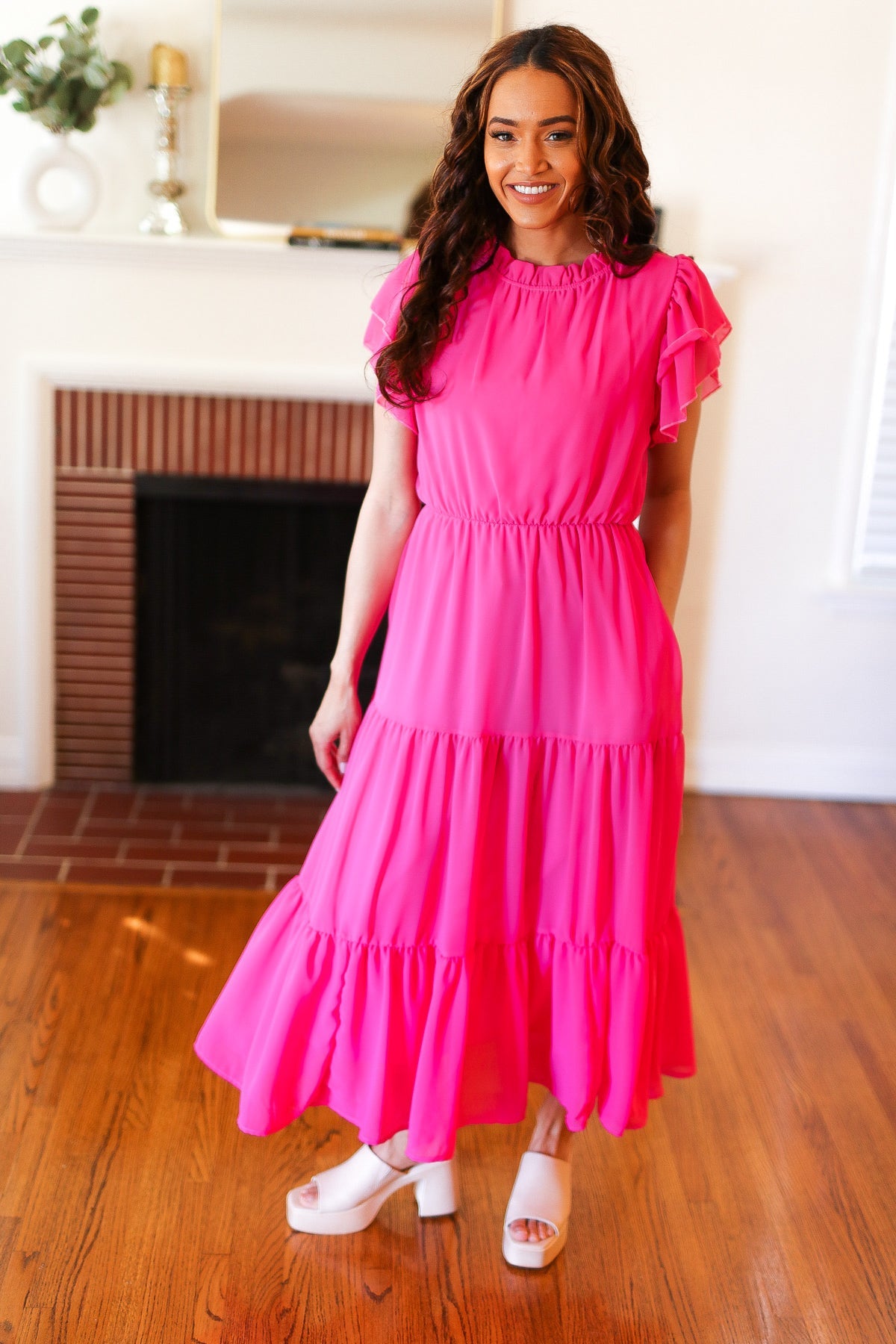 Haptics Perfectly You Hot Pink Mock Neck Tiered Chiffon Maxi Dress for Women - Elegant Formal & Party Wear, Wedding Guest Outfit, Evening Gown
