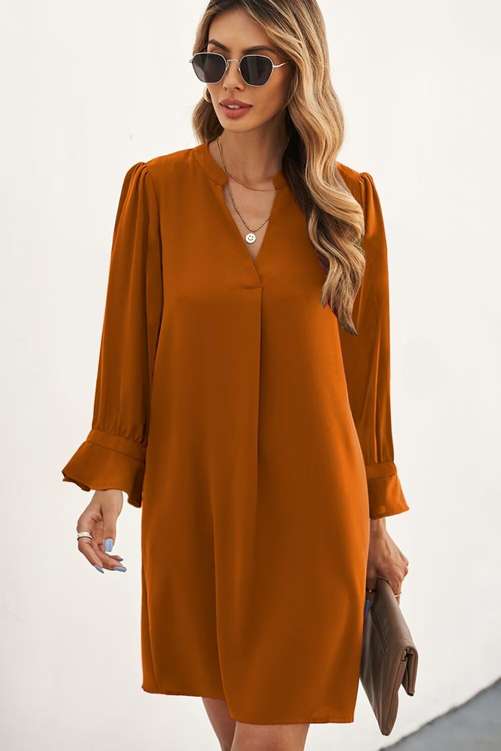 QACOHU Women's Flowy Casual V-Neck Ruffle Long Sleeve Shift Dress for Spring Summer Autumn Winter | Elegant Loose Fit Dresses for Daily Wear, Office, Dating & Special Occasions
