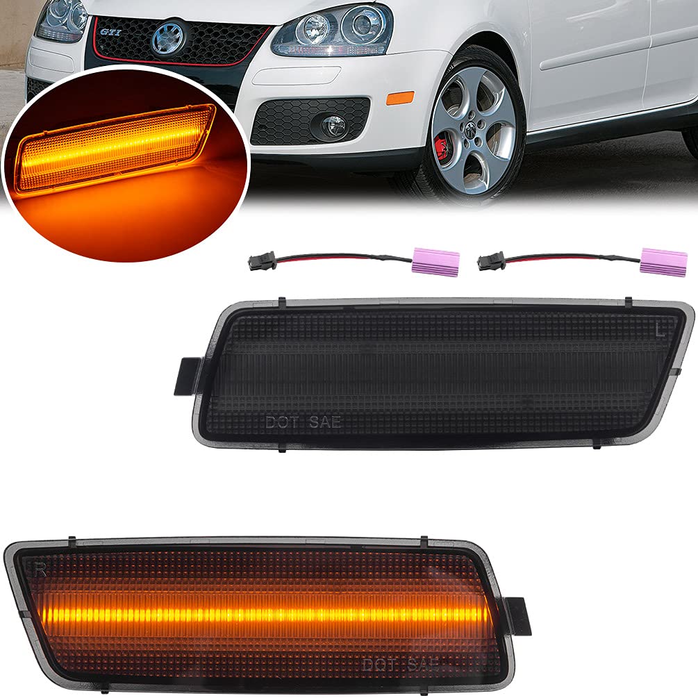 Amber LED Front Side Marker Lamps for 2006-2009 VW MK5 Golf/GTI/Rabbit, 2005-2010 Jetta & 2008 R32 - Smoked Lens Turn Signal Light Kit | Enhanced Visibility & Style Upgrade for Night Driving & Custom Car Look