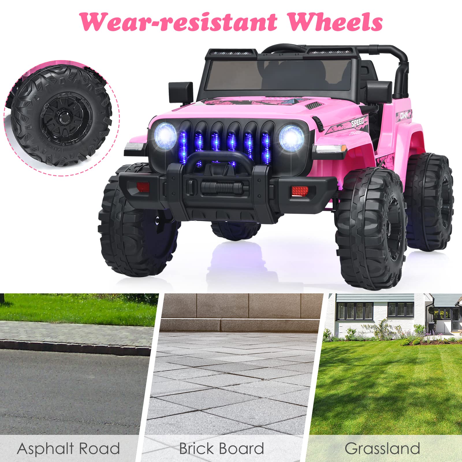 OLAKIDS 12V Electric Ride On Truck for Kids - Remote Control Battery Powered Toddler Car with Music, Horn, 3 Speed Settings, LED Lights & Bluetooth - Pink Kids Toy Truck for Indoor/Outdoor Play, Birthday Gifts & Backyard Fun