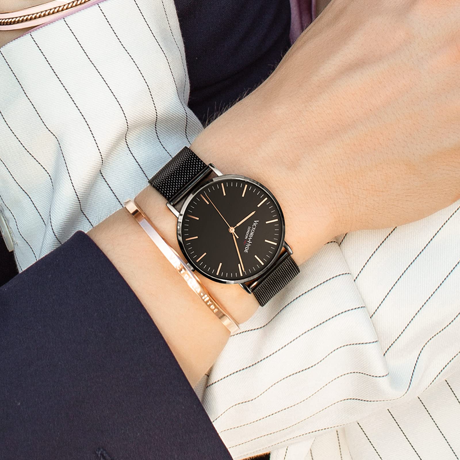 VICTORIA HYDE Luxury Couple Watches Set for Men & Women - Genuine Leather & Stainless Steel Mesh Bands, Waterproof Quartz Wristwatches - Perfect Anniversary Gifts for Couples, Valentine's Day & Romantic Occasions