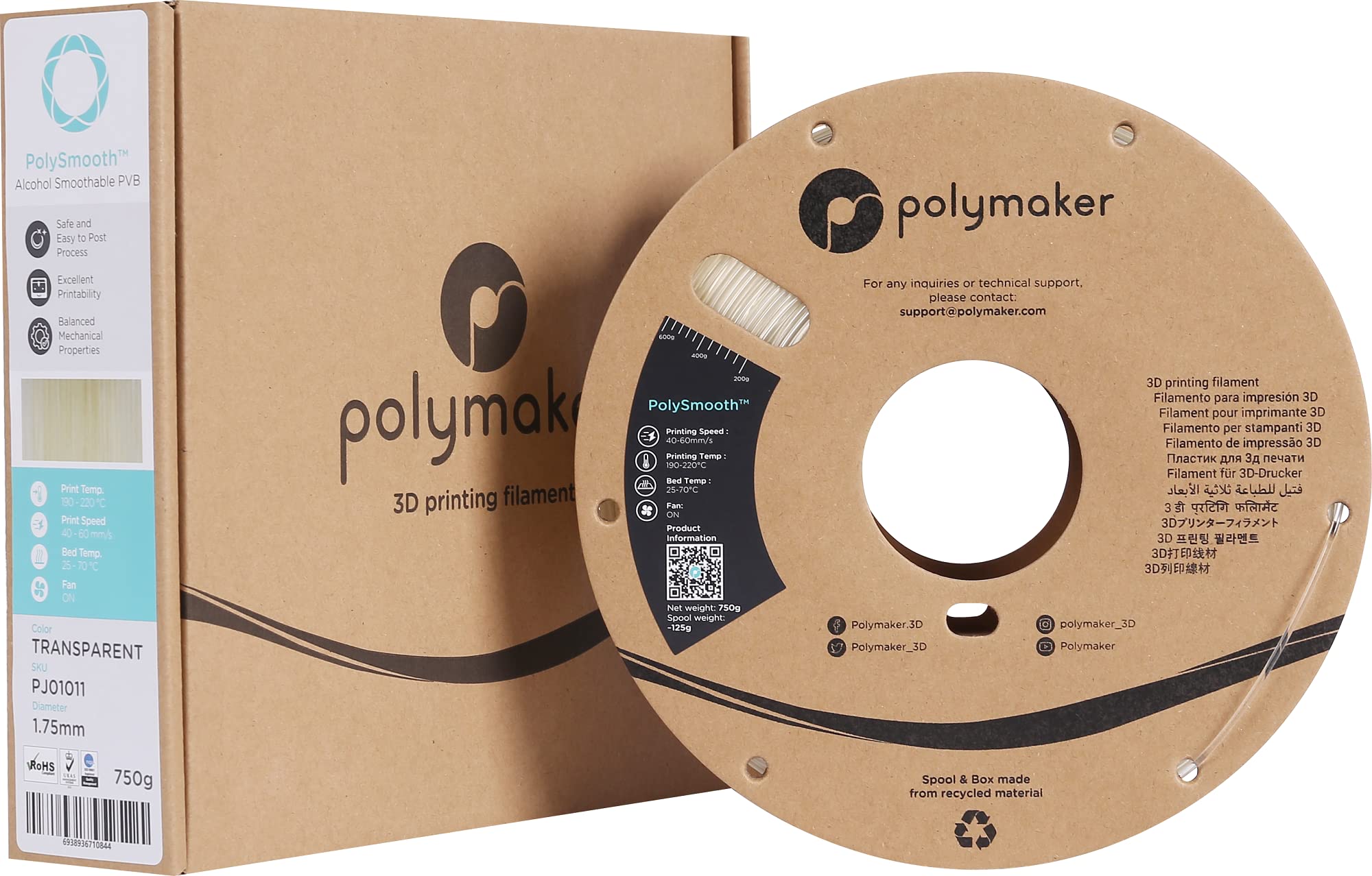 Polymaker PolySmooth PVB 3D Printer Filament 1.75mm Clear Transparent - 750g Cardboard Spool | Easy Smoothing with IPA Alcohol | Compatible with Polysher | Perfect for Prototyping, Cosplay Props & Artistic Creations