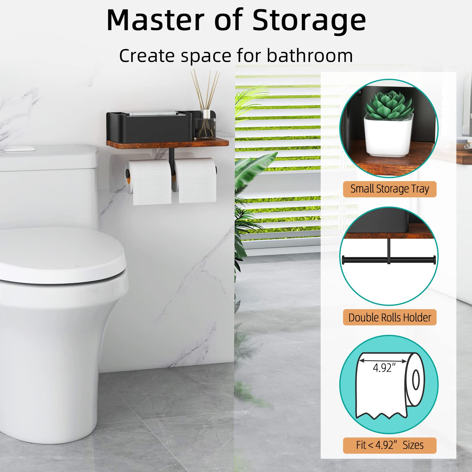 Double Roll Toilet Paper Holder with Shelf & Wipes Dispenser - Wall Mount Bathroom Storage Organizer in Black Metal & Solid Wood - Perfect for Aromatherapy, Phone Storage & Tissue Organization