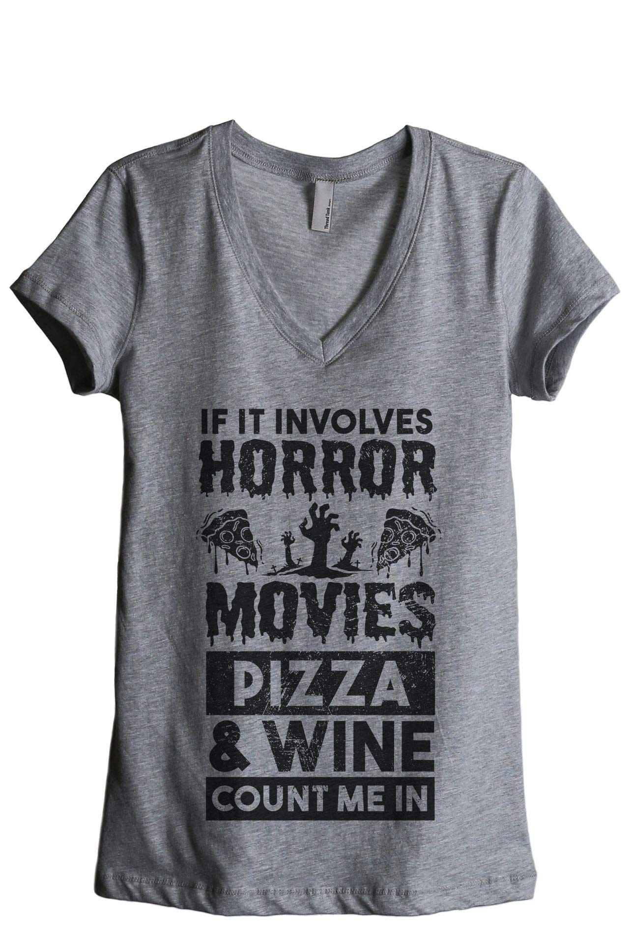 Horror Movie Pizza & Wine Graphic Women's Relaxed V-Neck T-Shirt - Casual Comfort Tee for Halloween Parties, Movie Nights & Wine Tasting Events