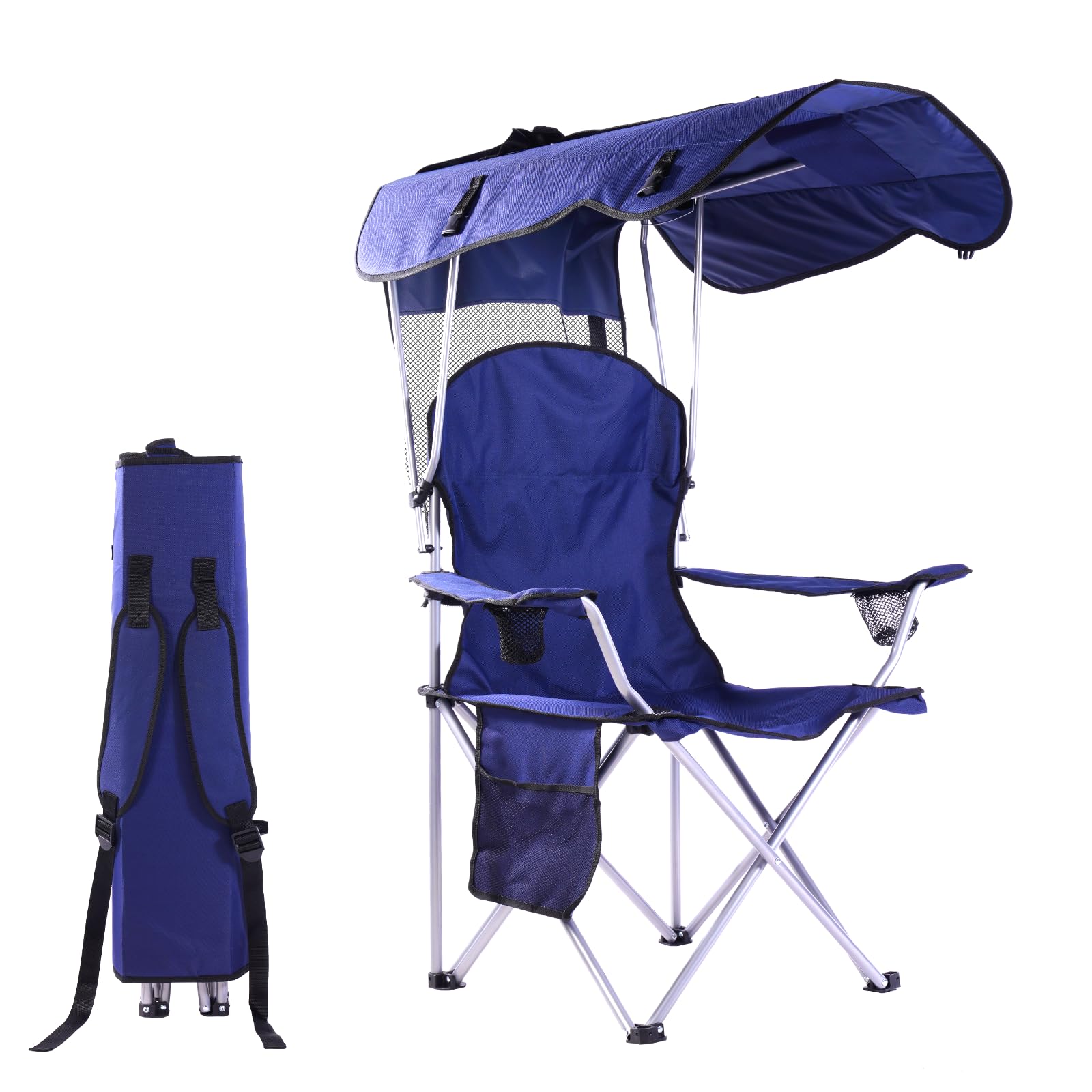 CozyBox Portable Folding Camping Chair with Canopy Shade - Heavy Duty 600D Oxford Fabric Beach Chair for Adults - Weather Resistant Outdoor Lounge Chair for Camping, Beach, Picnic, Backyard & Tailgating [Navy]