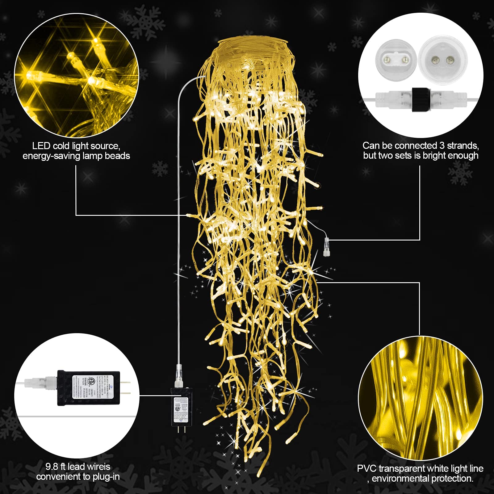 640 LED 65 FT Outdoor Christmas Lights with 120 Drops - 8 Lighting Modes, Warm White Fairy String Lights for Holiday Decor, Wedding, Party, Bedroom, Garden & Patio - Indoor/Outdoor Waterproof Christmas Decorations