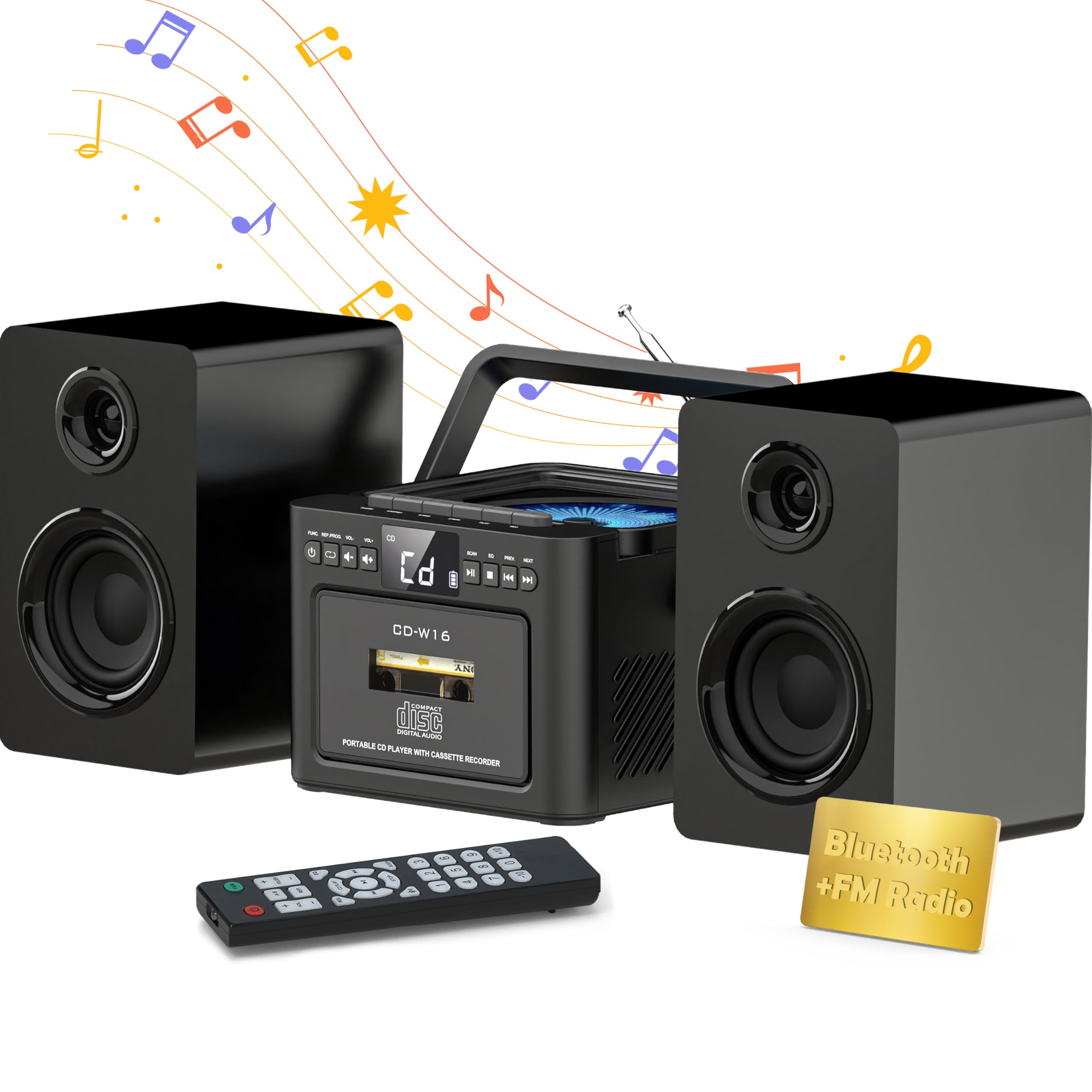 Bluetooth 5.1 Bookshelf Stereo System with Cassette & CD Player - 40W Powerful Speakers, FM Radio, Tape Recording, LCD Display, USB/AUX, Remote Control - Perfect for Home, Office & Retro Music Lovers