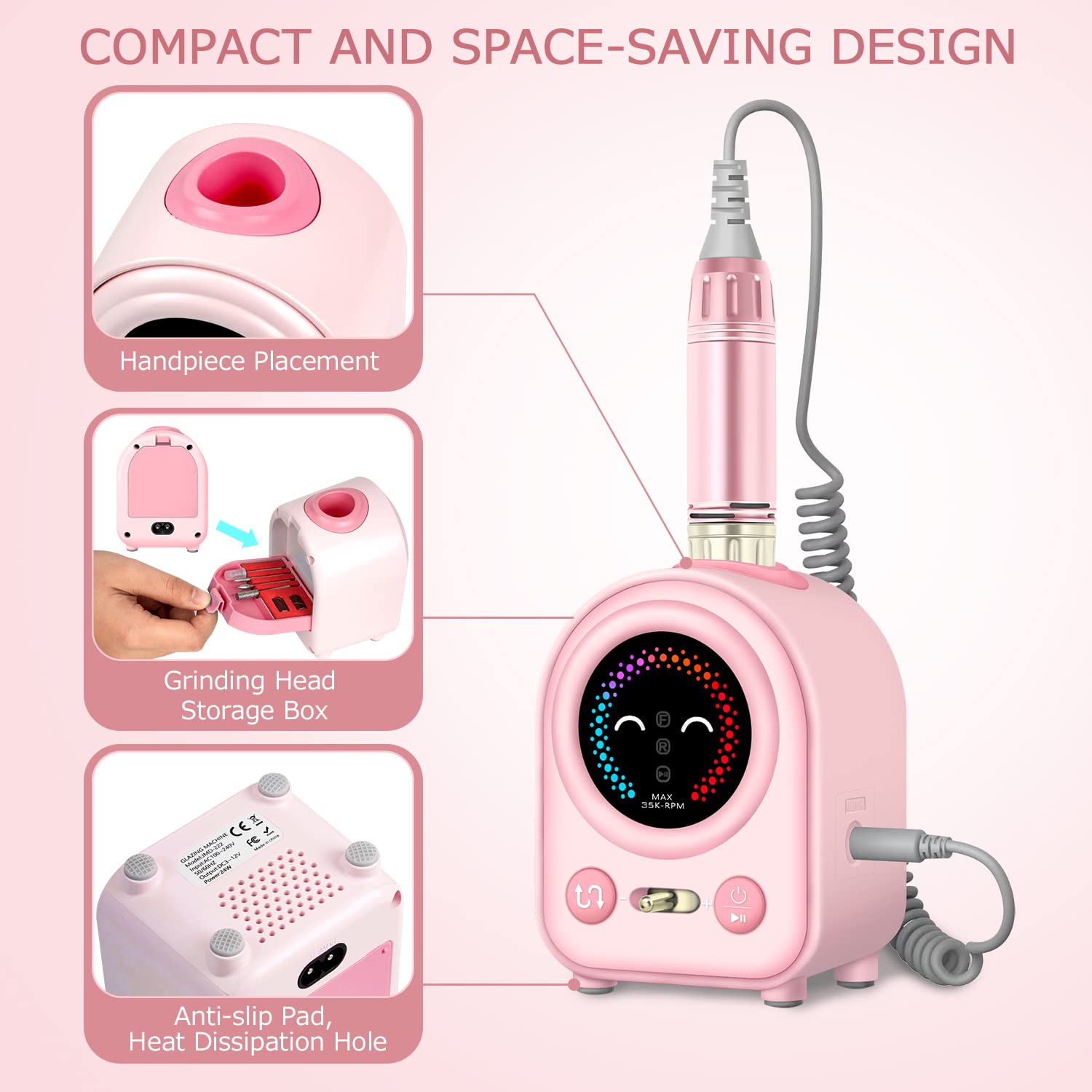 Professional Electric Nail Drill 35000RPM - Adjustable Speed Manicure & Pedicure Kit with 4 Drill Bits, Quiet Portable Nail File for Acrylic & Gel Nails - Perfect for Home Salon & Professional Nail Care (Pink)