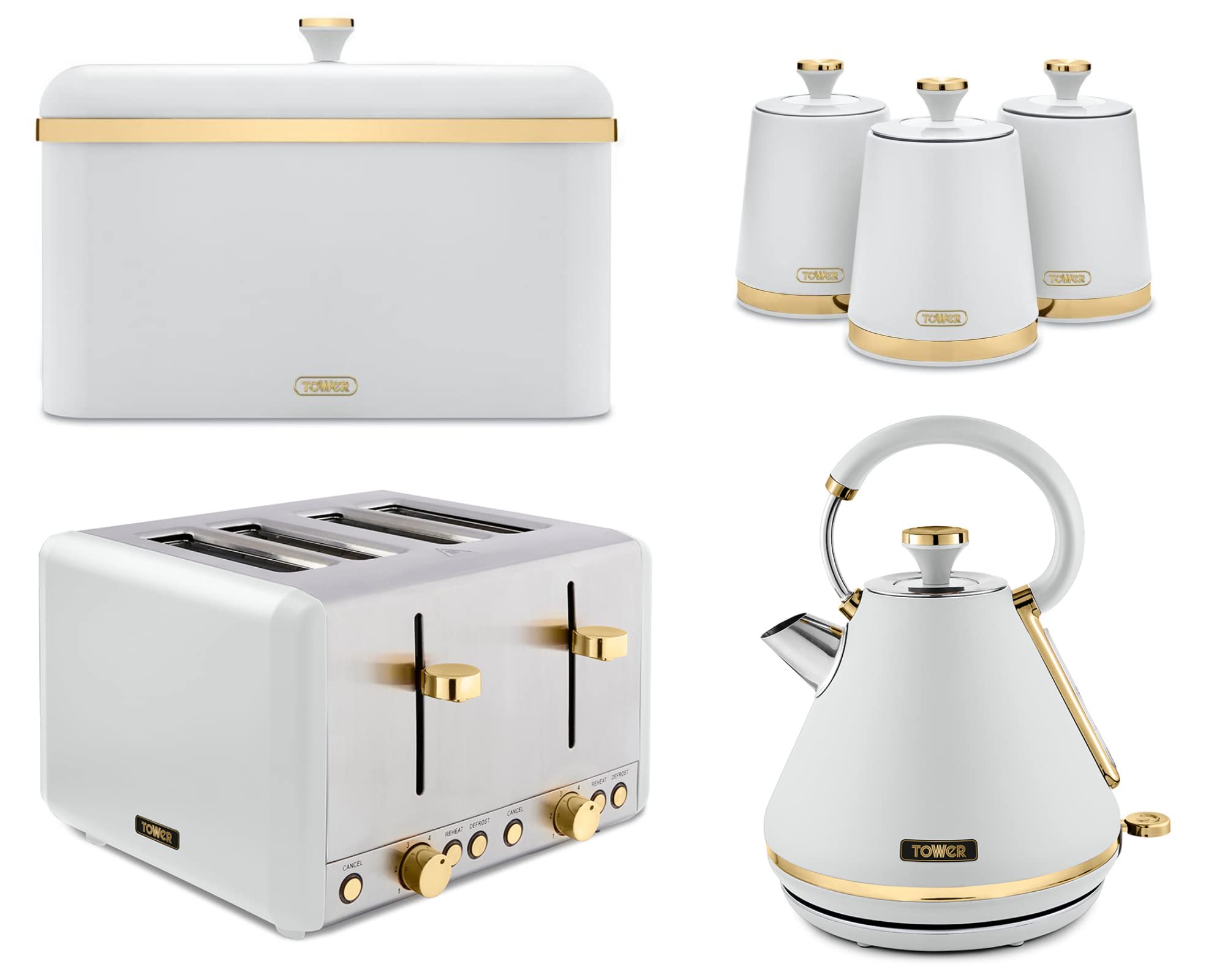 TWRCAVPKT4BBCANSWHT - 6-Piece Modern Kitchen Set: TOWER Cavaletto Pyramid Kettle, 4-Slice Toaster, Bread Storage Bin & 3 Canisters in White with Gold Accents | Perfect for Small Kitchens, Apartments & Gift Giving