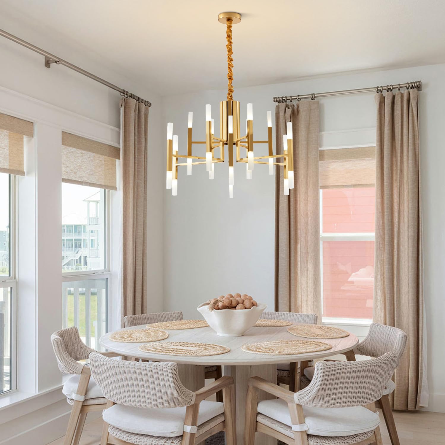 BOKT 24-Light Gold Sputnik Chandelier - Brushed Brass LED Ceiling Light Fixture, Adjustable Height Flush Mount Pendant Lamp for Kitchen Island, Living Room & Dining Room | Modern Lighting for Home Decor & Interior Design