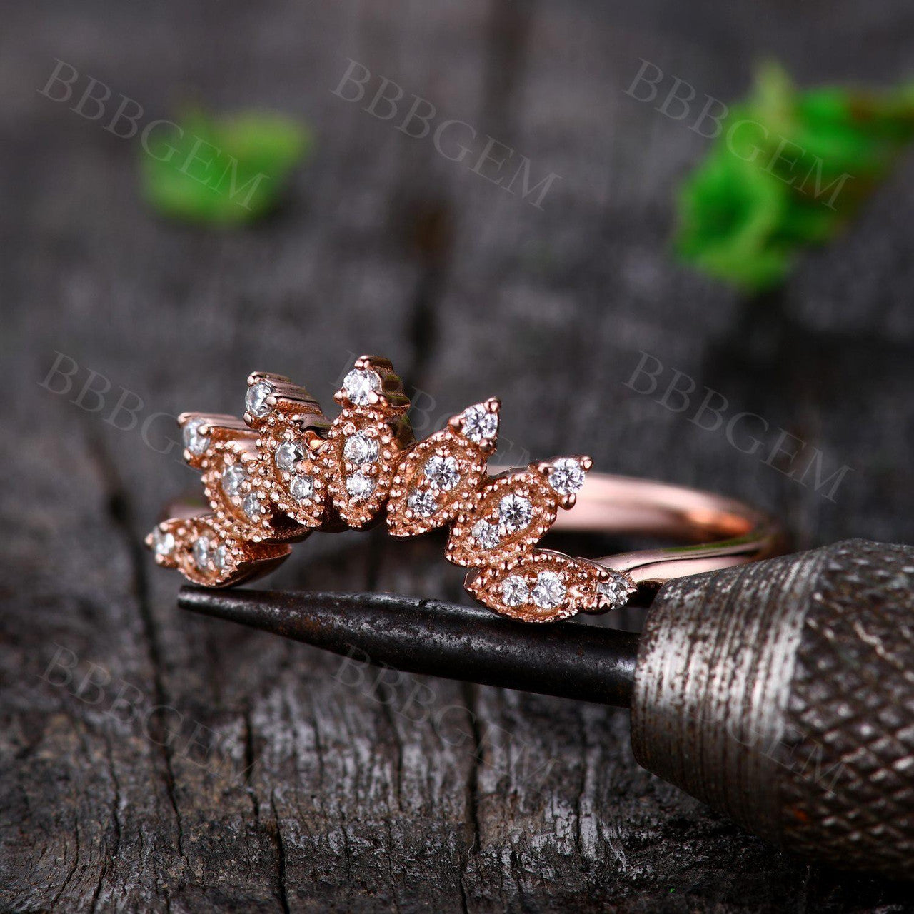 Vintage Curved Moissanite Wedding Band - Solid 14K Rose Gold Marquise Cut Engagement Ring for Women | Perfect for Bridal Jewelry, Anniversary Gifts & Special Occasions