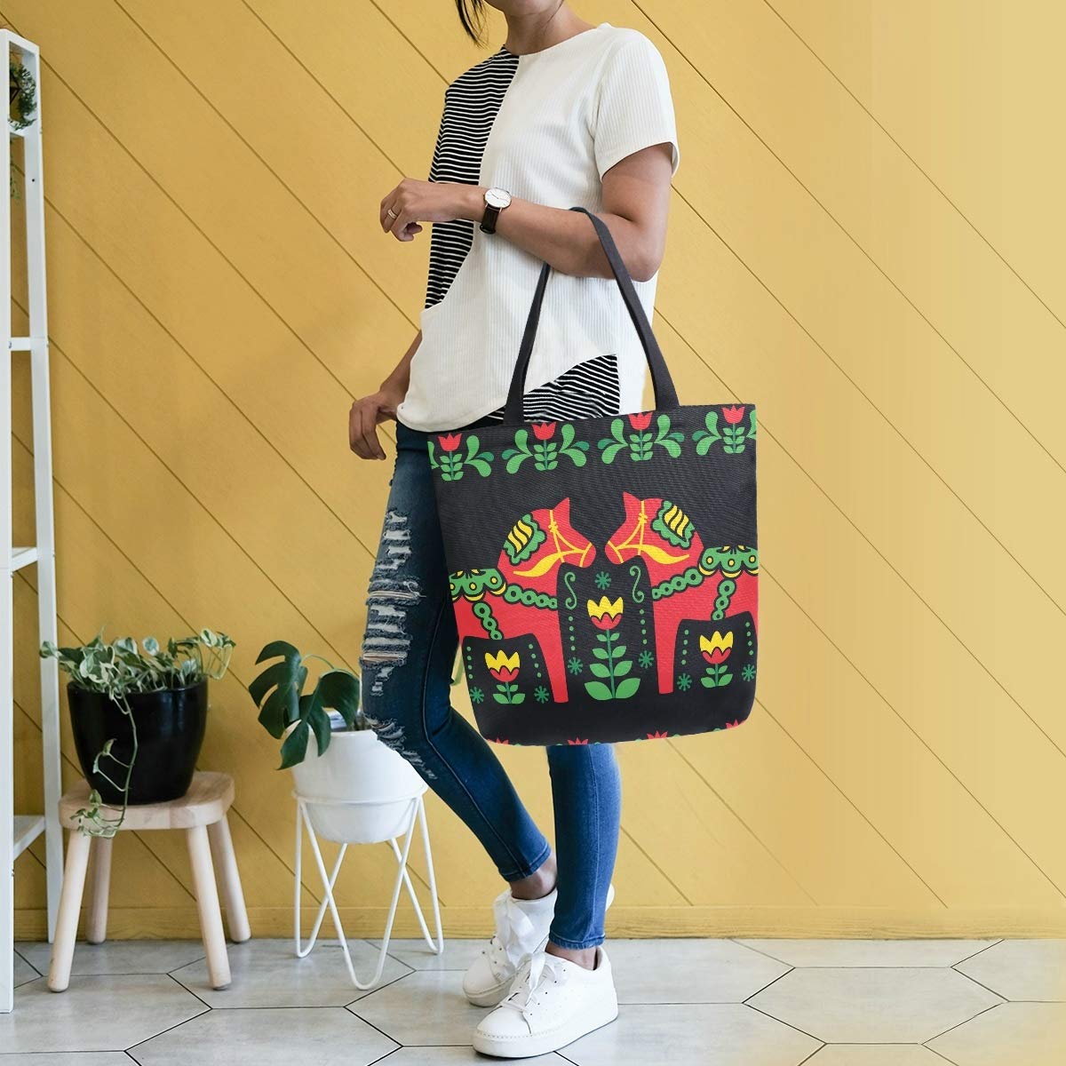 Swedish Dala Canvas Tote Bag - Eco-Friendly Reusable Shopping & Grocery Tote with Shoulder Strap - Perfect for Travel, Beach, Farmers Market & Daily Errands