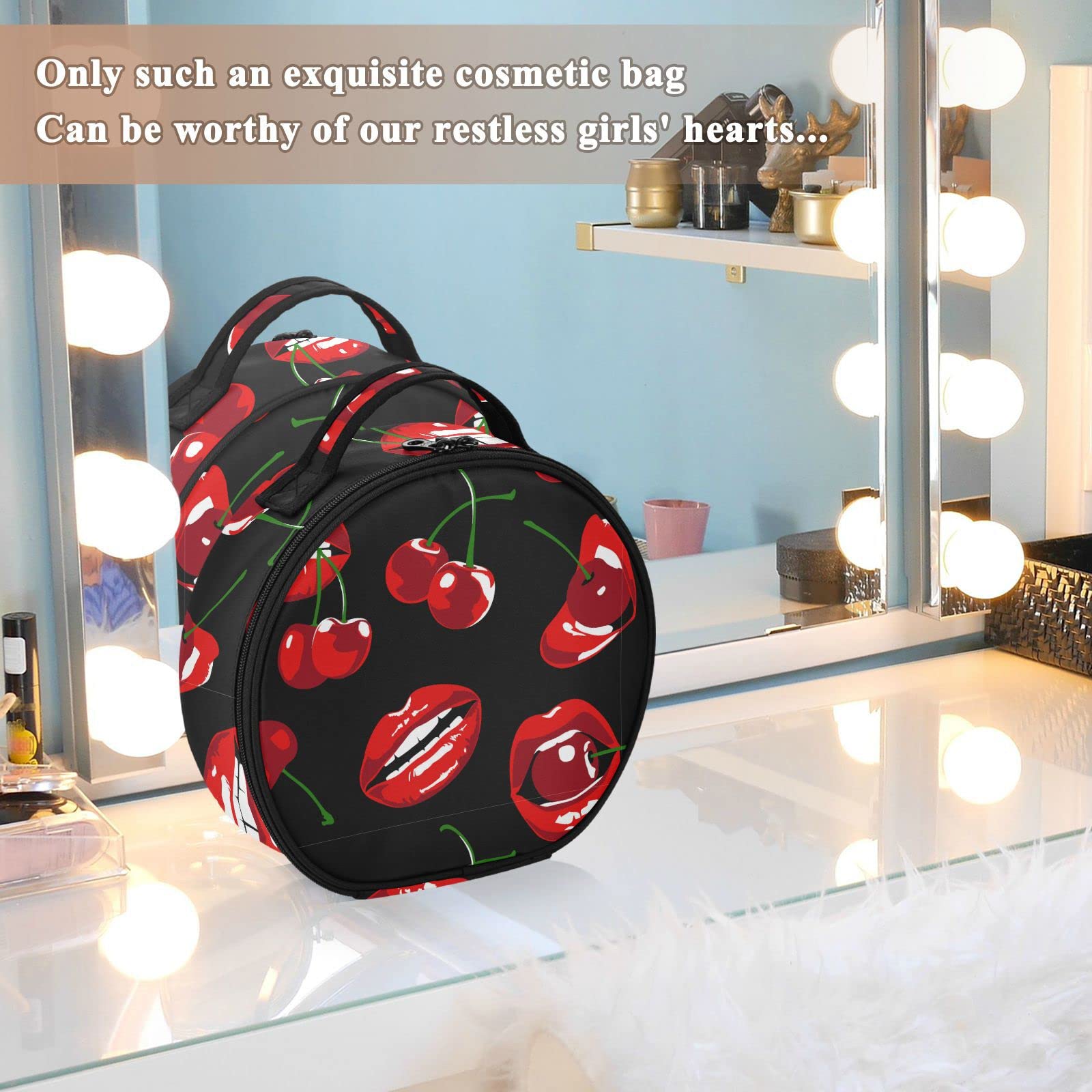 Linqin Portable Makeup Case for Women - Travel Cosmetic Organizer with Adjustable Dividers | Cherry Red Lips Design | Perfect for Jewelry, Toiletries & Makeup Brushes | Ideal for Travel, Home Storage & Professional Makeup Artists