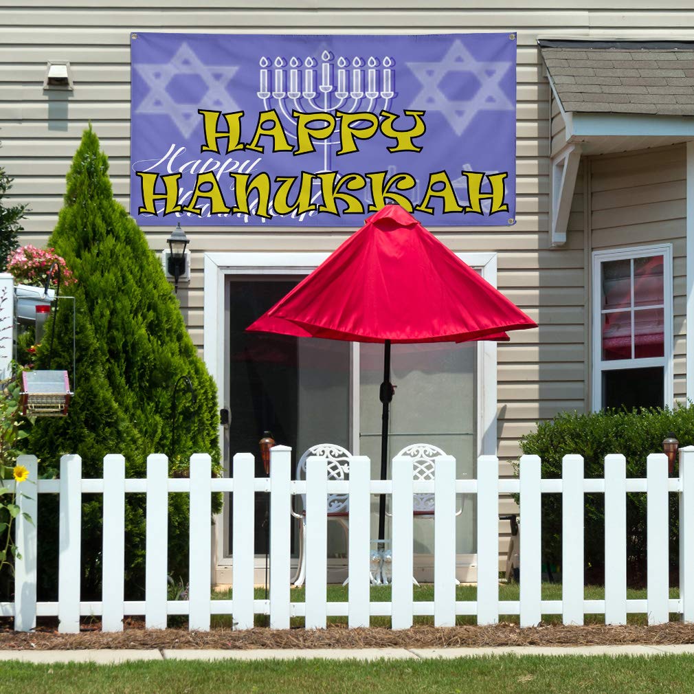 Happy Hanukkah Vinyl Banner - 48x96 Inches Weatherproof Outdoor Sign with 8 Grommets (Multiple Sizes Available) - Perfect for Holiday Decorations, Yard Signs, Store Advertising & Party Backdrops