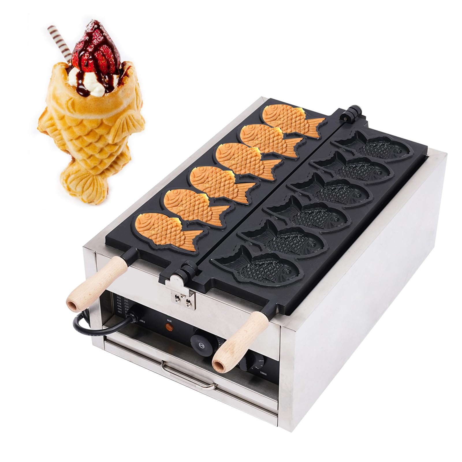 DYRABREST Commercial Electric Taiyaki Fish Waffle Maker Machine - 6 Non-Stick Stainless Steel Plates for Perfect Fish-Shaped Waffles - Ideal for Restaurants, Cafes, Snack Shops & Food Stalls - Make Delicious Street Food & Desserts at Home or Business