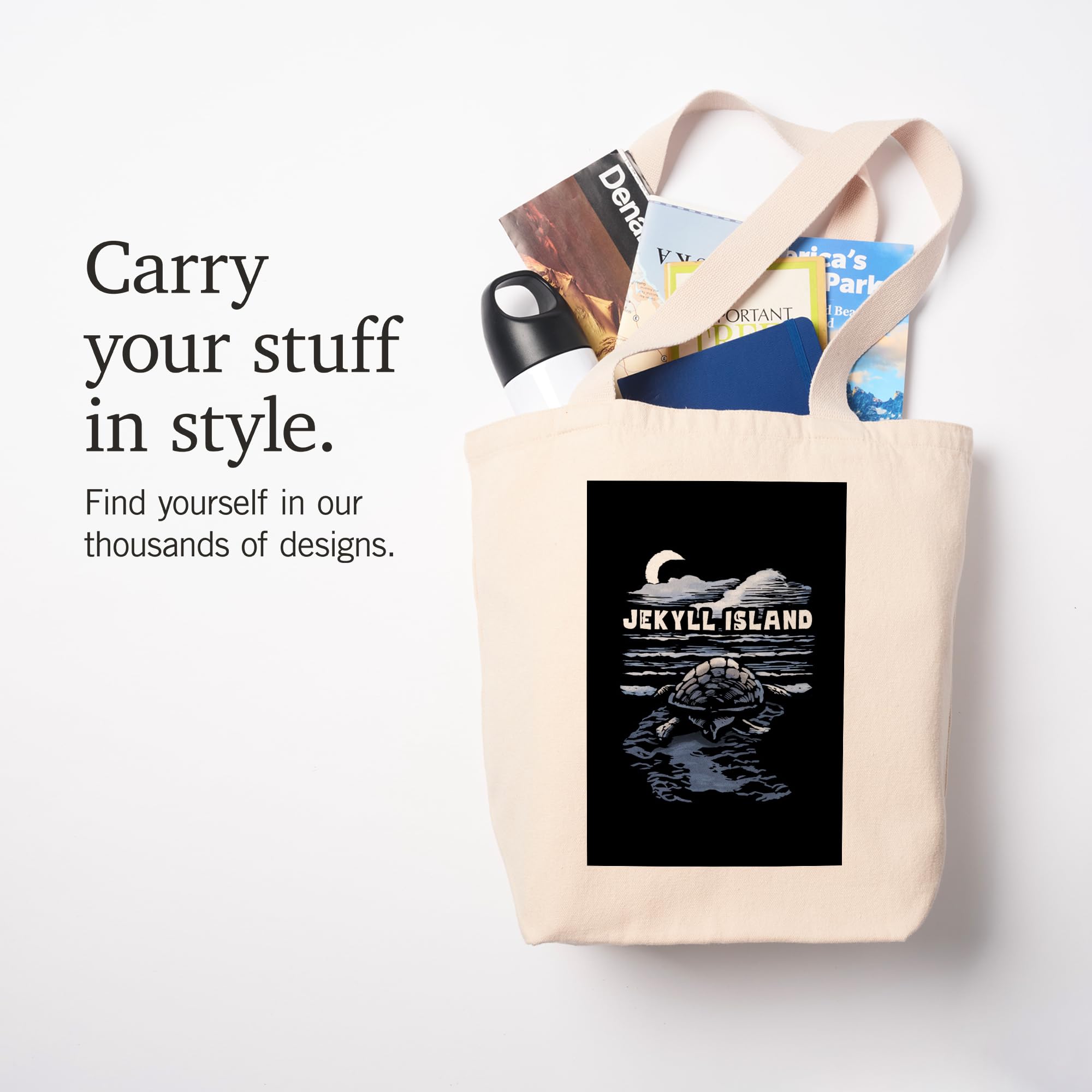 Lantern Press Jekyll Island Sea Turtle Beach Scratchboard Art - 100% Cotton Canvas Reusable Tote Bag for Grocery Shopping & Beach Outings