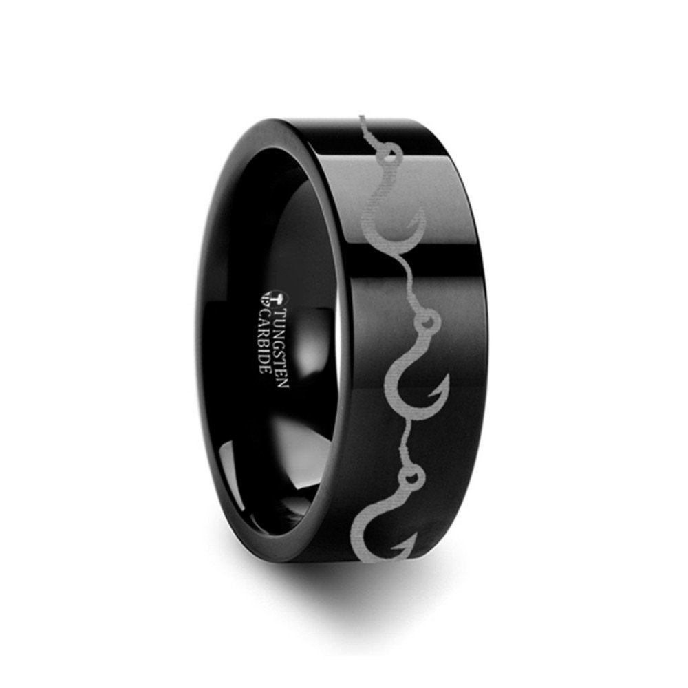Black Tungsten Wedding Band - 10mm Wide Flat Fishing Hook Pattern Ring for Men - Durable & Hypoallergenic - Perfect for Outdoor Enthusiasts, Fishing Lovers & Everyday Wear