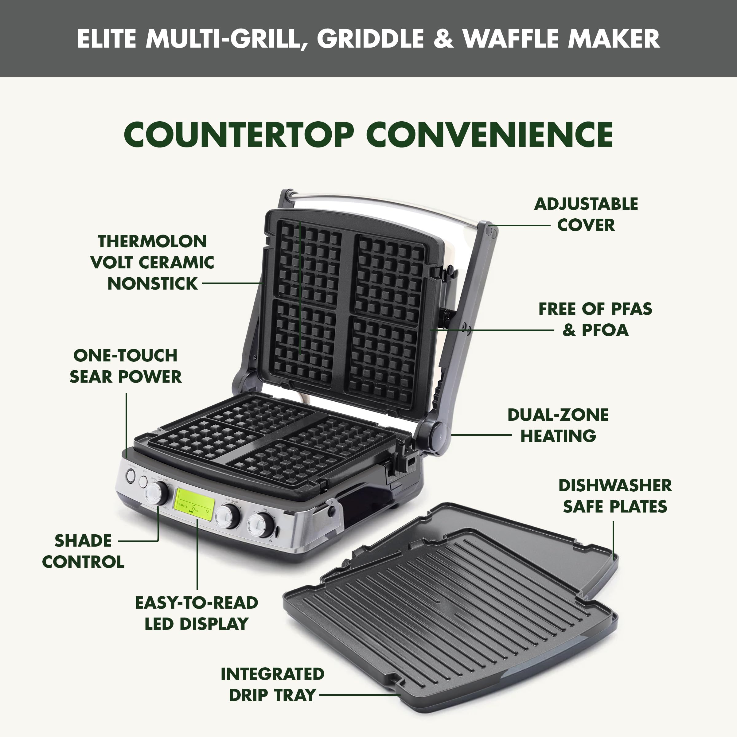 GreenPan Elite 7-in-1 Multi-Function Contact Grill & Griddle - Healthy Ceramic Nonstick Aluminum Surface with Interchangeable Grill & Waffle Plates - Adjustable Temperature Control for Perfect Cooking - PFAS-Free & Eco-Friendly - Ideal for Paninis, Waffles, Burgers & Family Breakfasts
