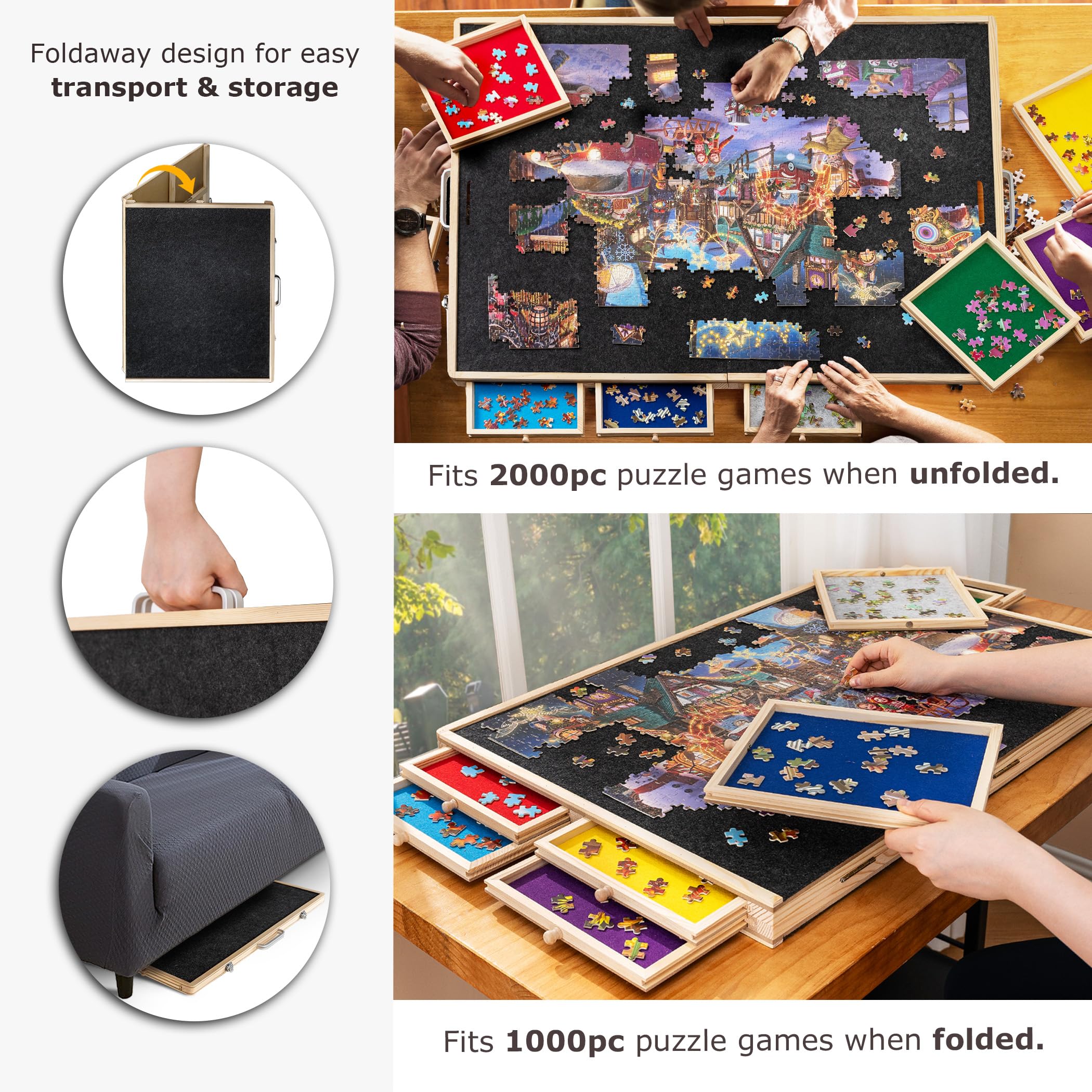 Tektalk 2000 Piece Foldable Puzzle Board with 8 Sorting Trays & Drawers - Portable Jigsaw Puzzle Table with Cover - Storage Solution for 2000/1500/1000/500 Piece Puzzles - Perfect for Family Game Nights & Puzzle Enthusiasts