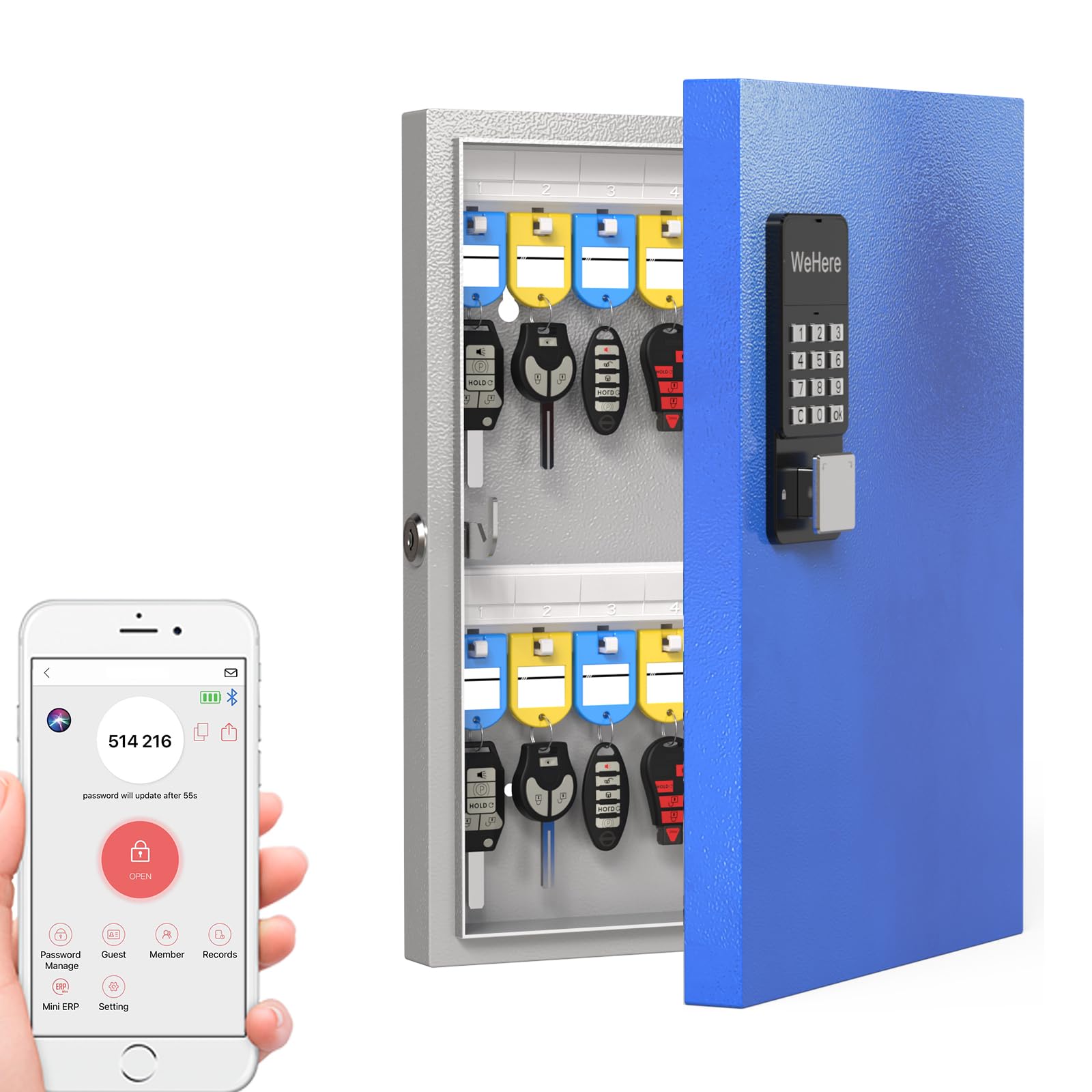 WeHere 32-Key Smart Lock Box - Wall Mount Key Cabinet with Bluetooth, OTP, Wi-Fi & Fixed Code Unlock | Key Organizer Holder for Office, Valet, Realtor & Hotel Use | Secure Key Management Solution for Property Access