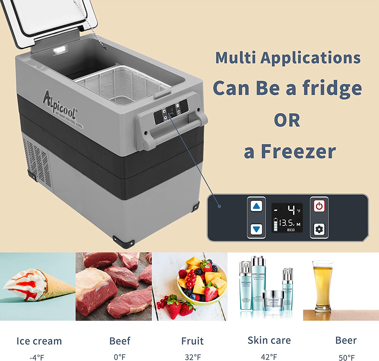 Alpicool CF55 12V/24V Portable Car Refrigerator Freezer - Dual Zone Mini Fridge for Road Trips, Camping & RV Adventures - Compact 55L Car Cooler with DC/AC Power