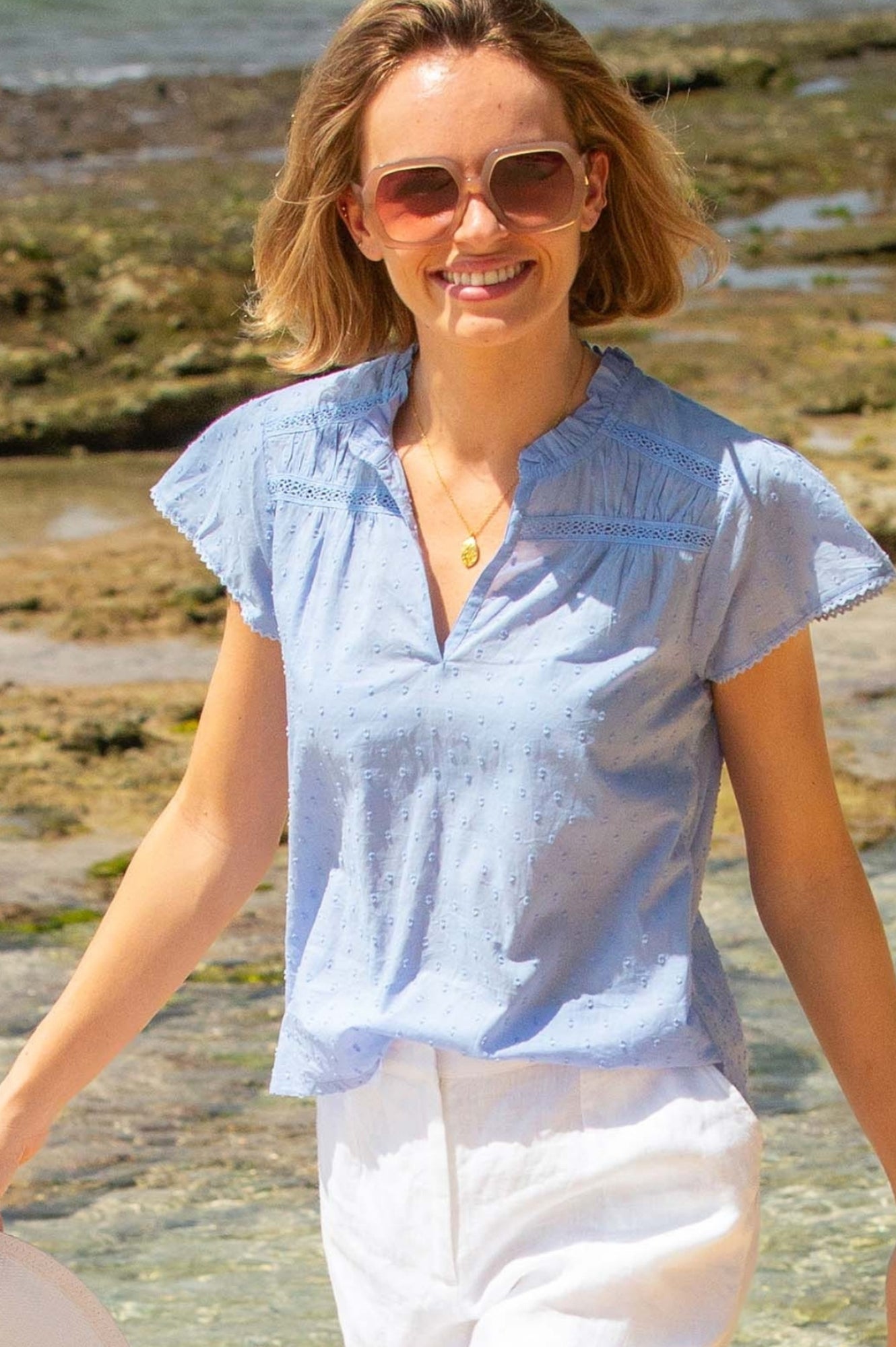 Vanya Organic Cotton Dobby Blouse for Women - Soft Baby Blue Tops | Casual Wear, Office Outfits & Spring Fashion