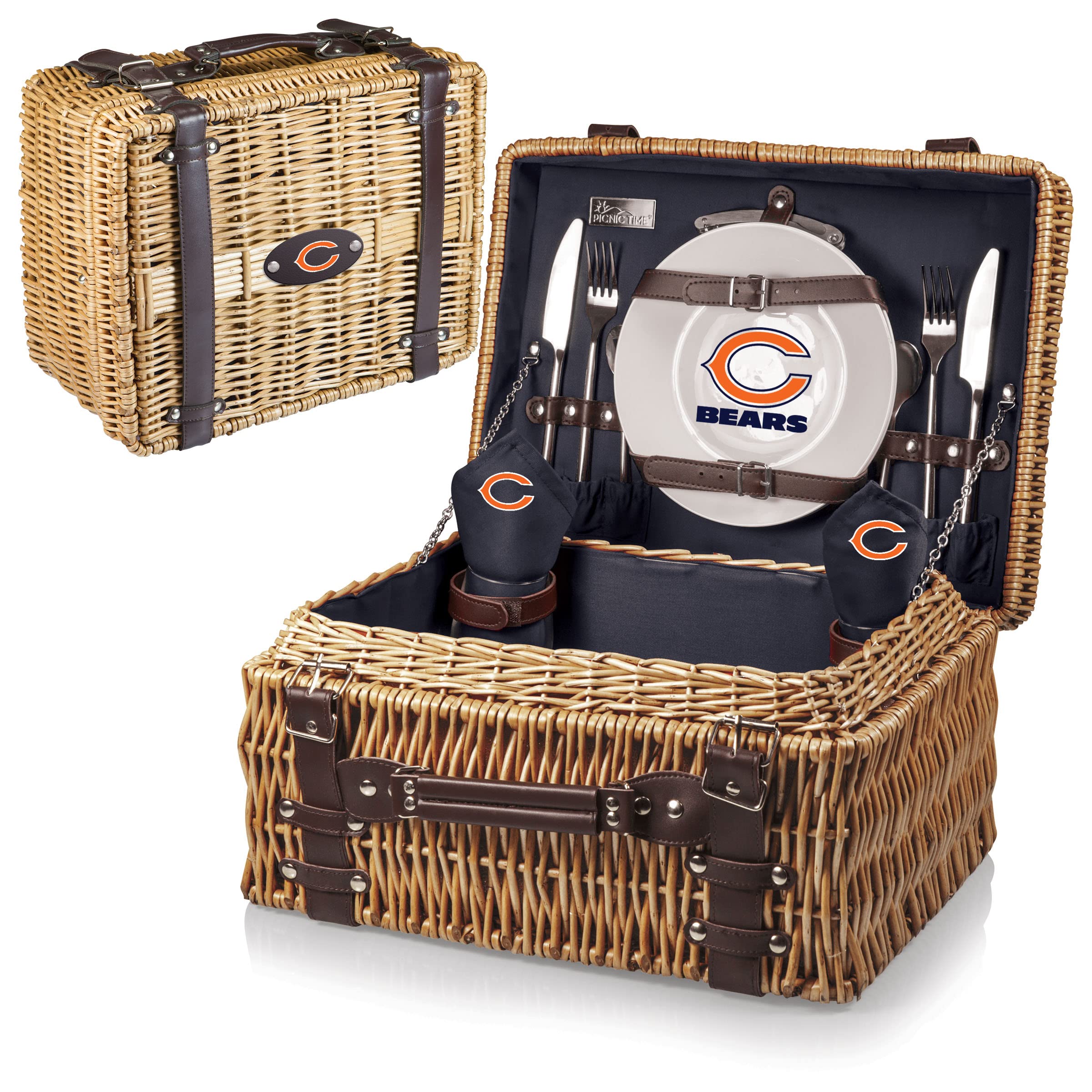 PICNIC TIME NFL Champion Picnic Basket for 2 - Wicker Picnic Basket Set with Plates, Utensils & Blanket (Black/Brown) - Perfect for Outdoor Dining, Beach Trips & Game Day Tailgating