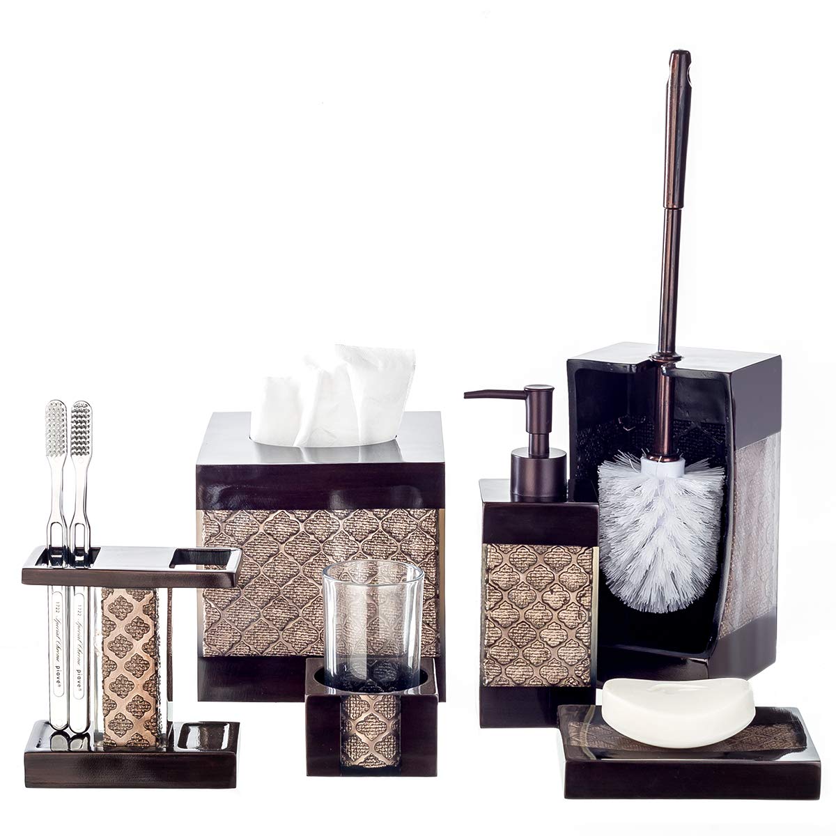 Dahlia Brown 4-Piece Bathroom Accessory Set - Soap Dispenser, Toothbrush Holder, Tumbler & Soap Dish | Modern Bathroom Decor for Home, Apartment & Guest Bath | Water-Resistant & Stylish Design