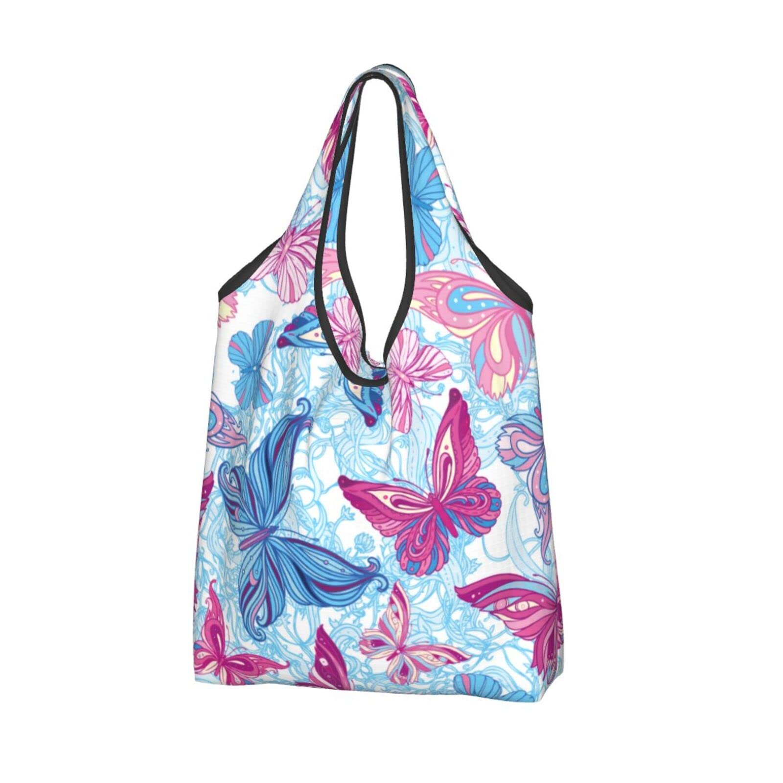 Eco-Friendly Reusable Shopping Bags - Waterproof Foldable Grocery Tote in Blue & Pink Butterfly Design | Perfect for Groceries, Beach Trips & Farmers Markets