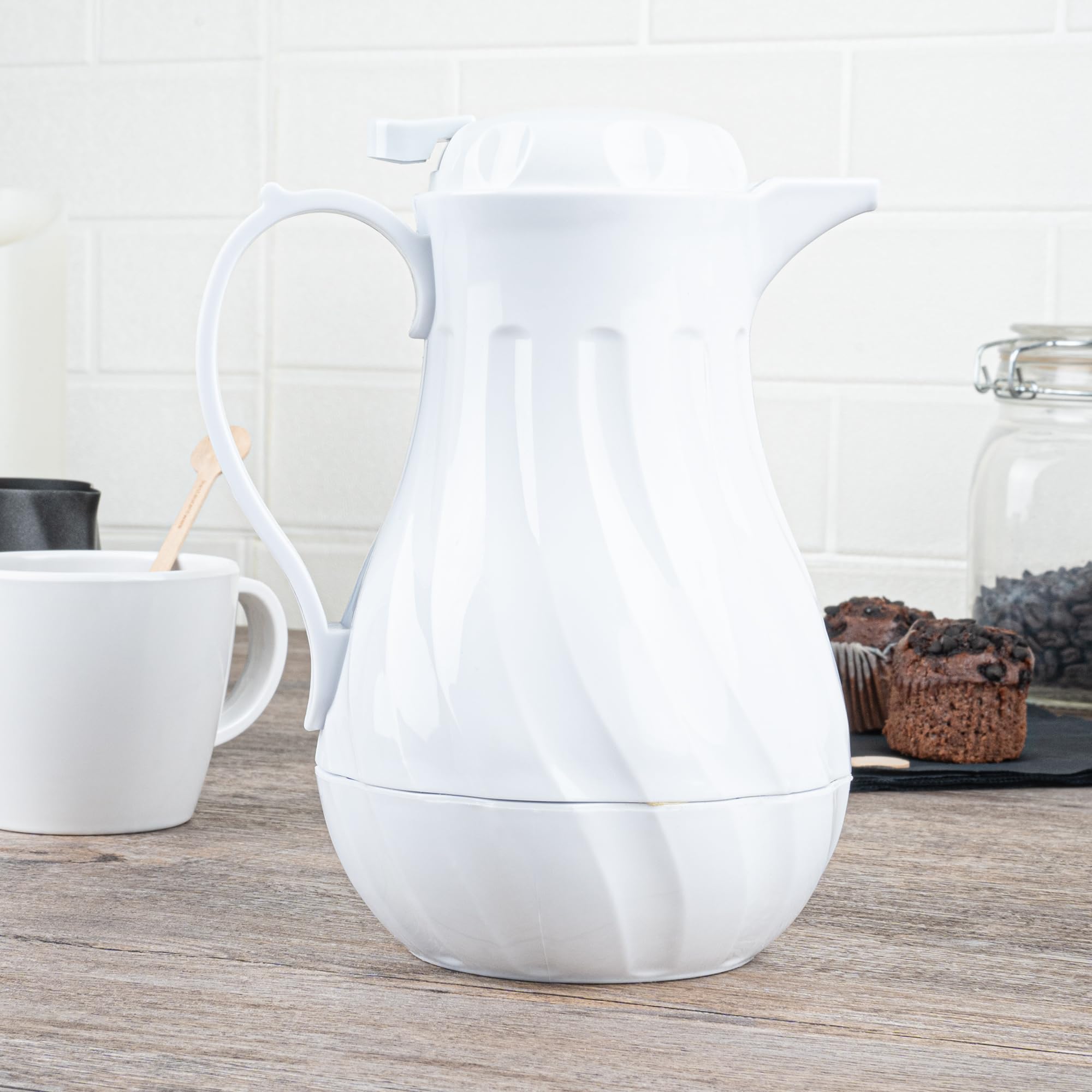 20oz Insulated Coffee Carafes with Push-Button Lid - Set of 10 White Plastic Coffee Servers with Swirl Design & Built-in Handle - Perfect for Restaurants, Cafes & Catering Events