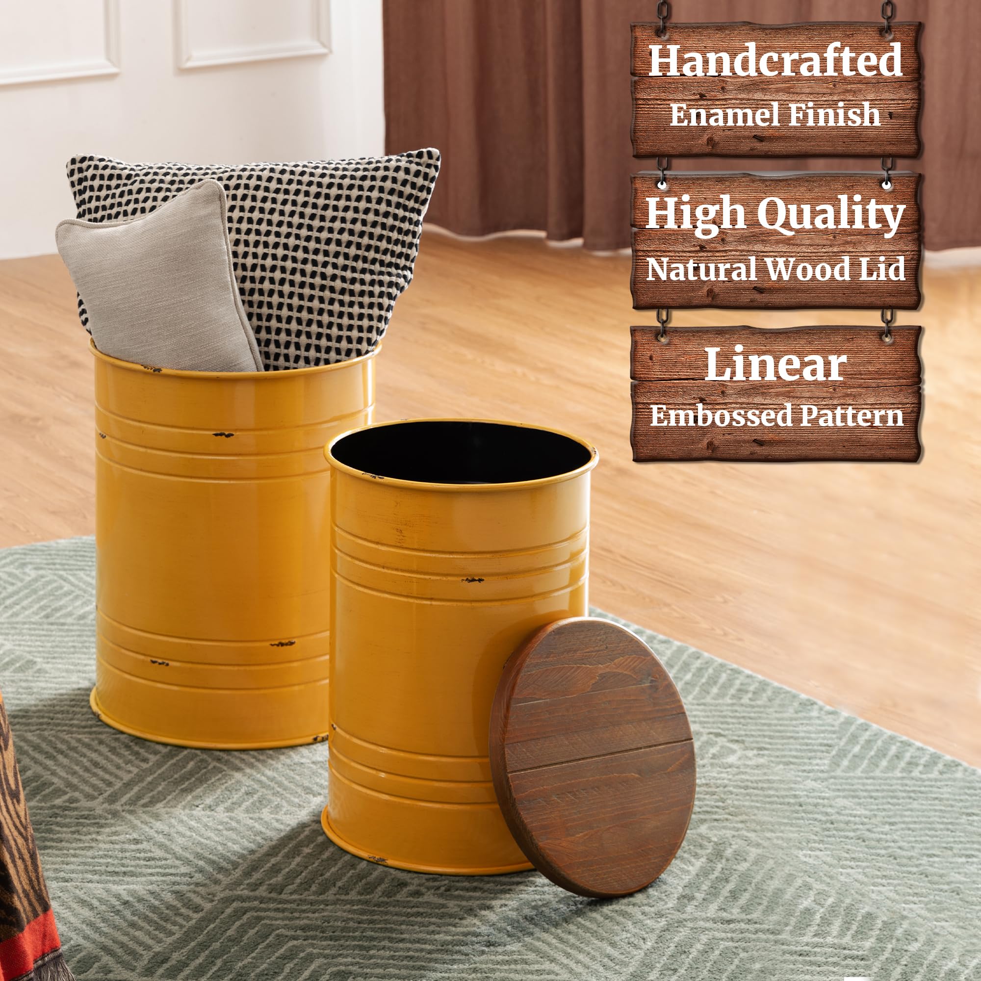 Glitzhome Rustic End Table Set of 2 - Farmhouse Galvanized Metal Barrel Ottoman Storage Stool with Round Wood Lid - Living Room Side Table, Bedroom Nightstand - Yellow Home Decor for Cozy Farmhouse Style