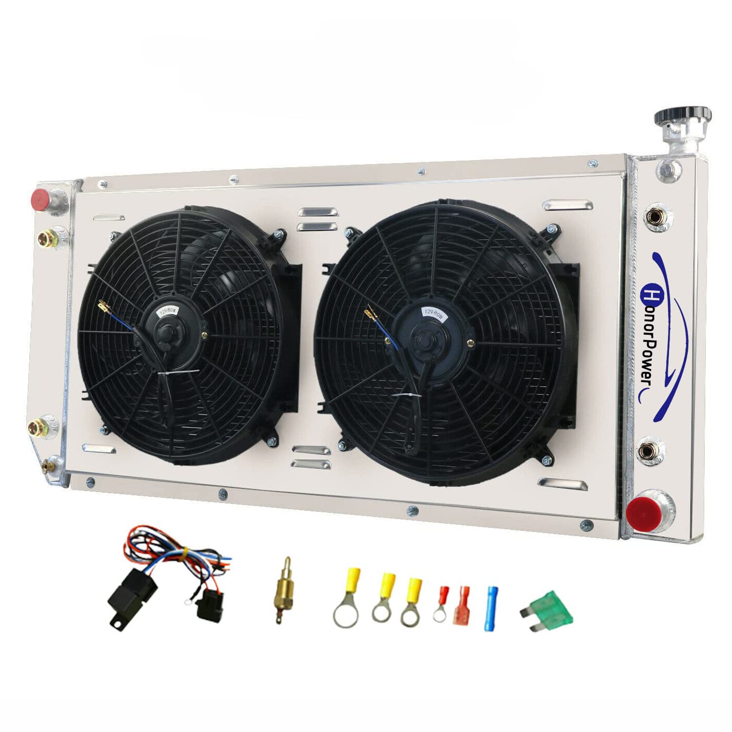 High-Performance 3 Row Aluminum Radiator for 1994-2000 Chevy GMC C/K Series Pickups & SUVs (C1500 C2500 C3500 K1500 K2500 K3500 Suburban Tahoe Yukon Escalade) - Compatible with V6 & V8 Engines, Includes Cooling Fan Shroud & Relay - Perfect for Off-Roading, Towing & Heavy-Duty Use