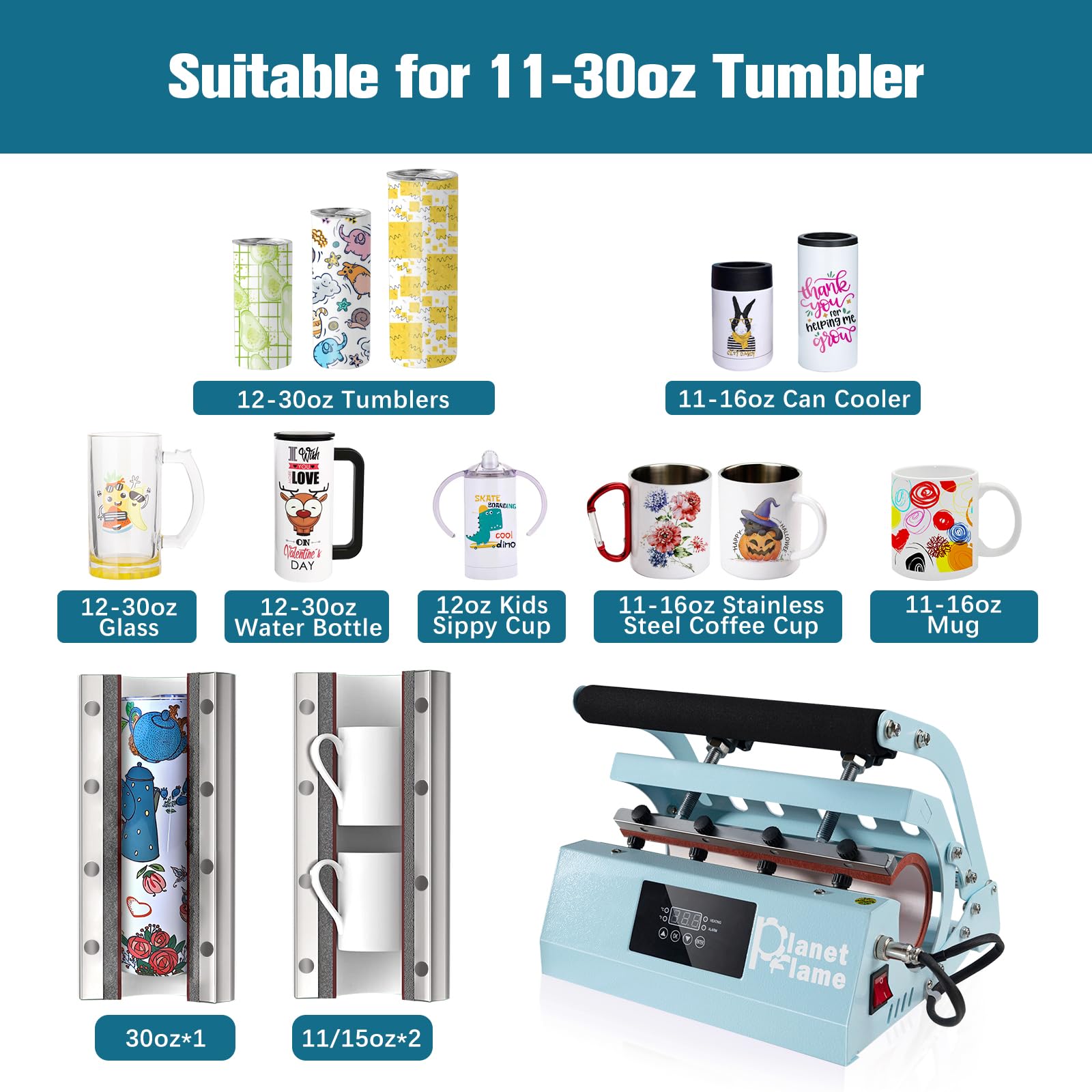 2-in-1 Heat Press Machine for Sublimation Tumbler (11oz-30oz) & All Caps - Includes Gloves & High Temp Resistant Tape - Perfect for DIY Custom Cups & Hats at Home or Small Business (Blue)